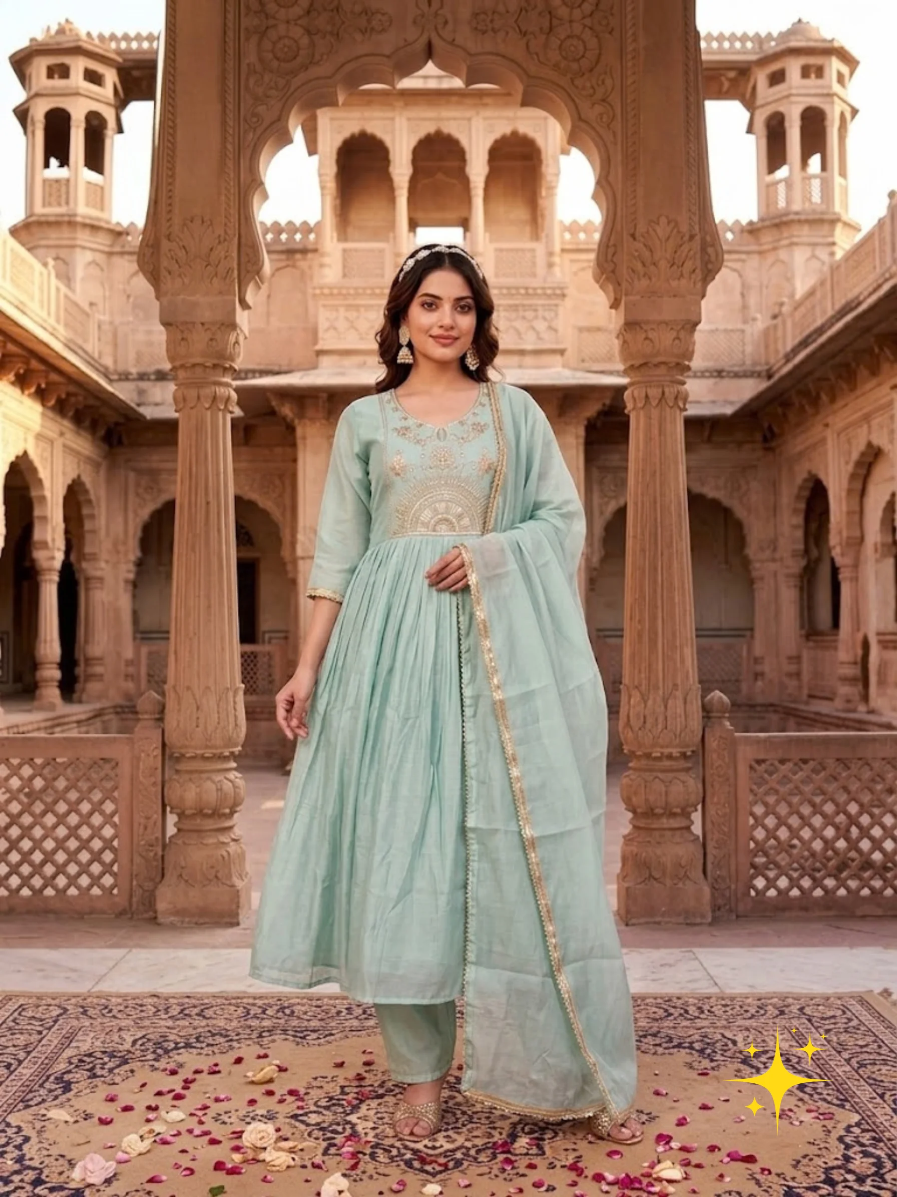 Anarkali Suit Set in Malchandri Cotton with Embroidered V-Neckline | Mint Green