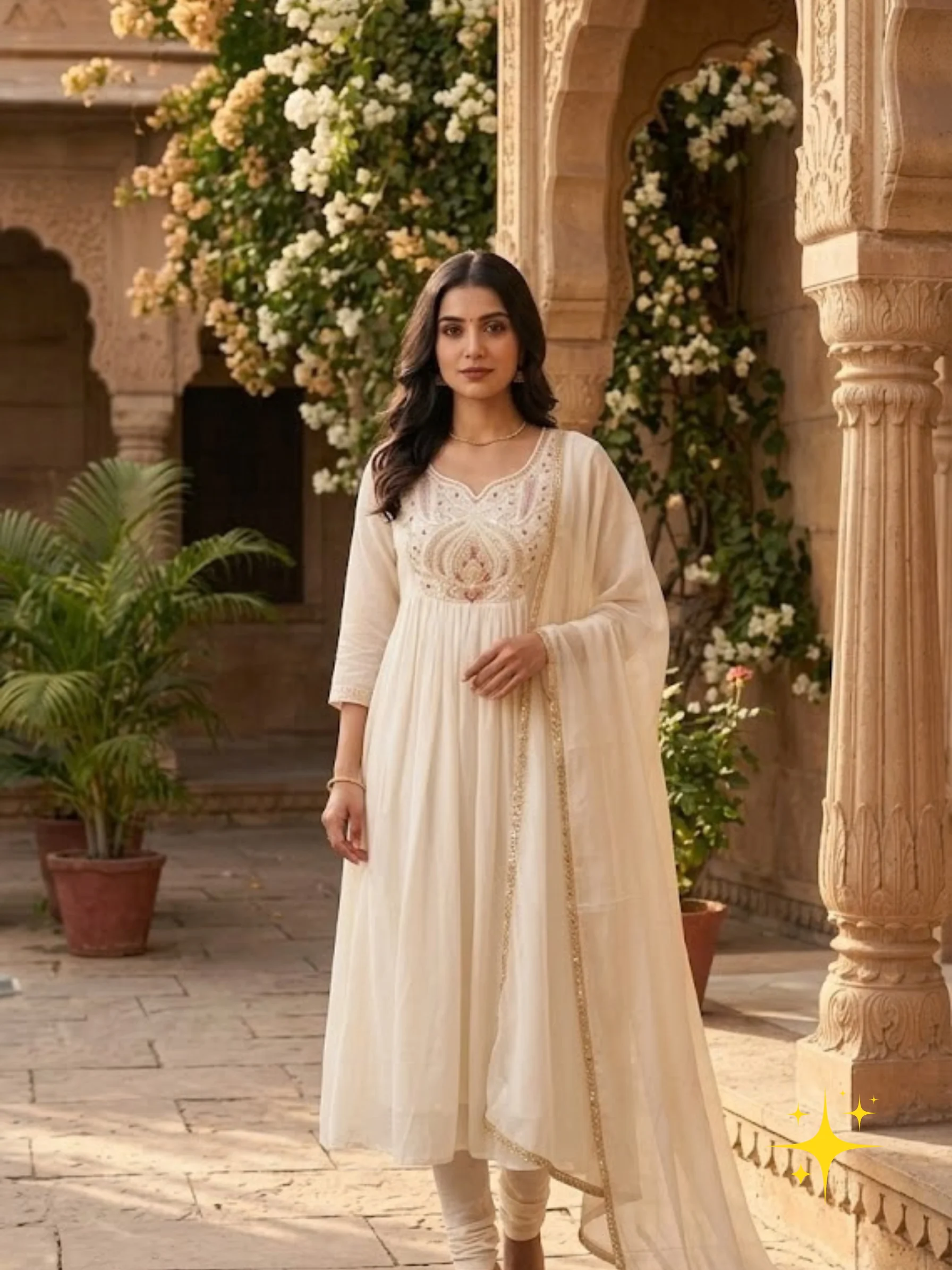 Anarkali Suit Set in Malchandri Cotton with Hand Embroidered Floral Motifs | Femmeera detail view 5