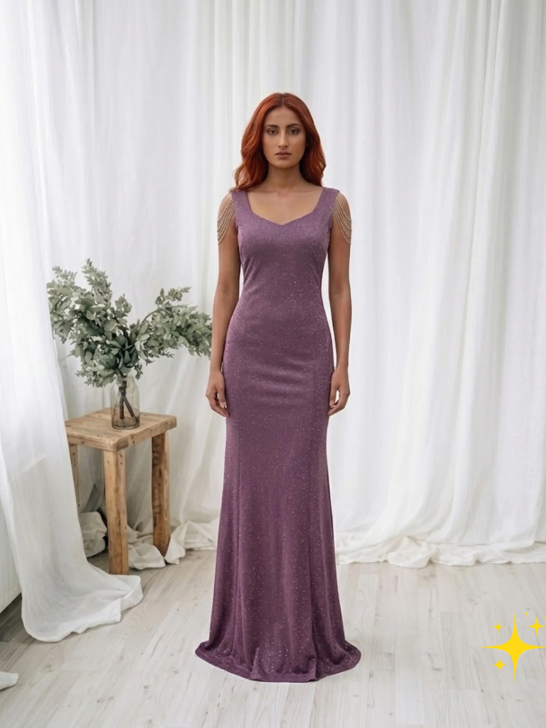 Sleeveless Bodycon Gown in Shimmer Fabric with Silver Shoulder Drape detail view 4