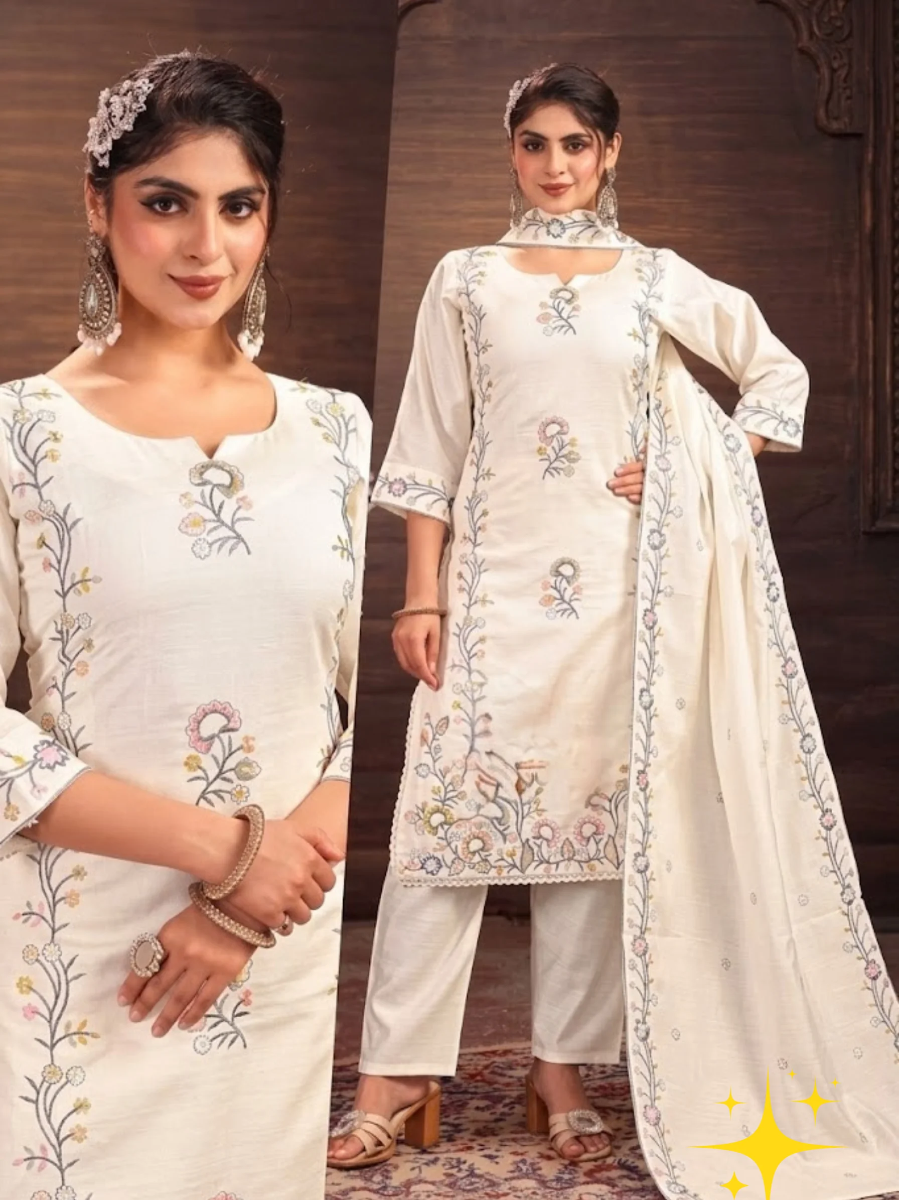Side-Cut Full Sleeves Kurti Set in Cotton with Floral Embroidery | Off-White detail view 2