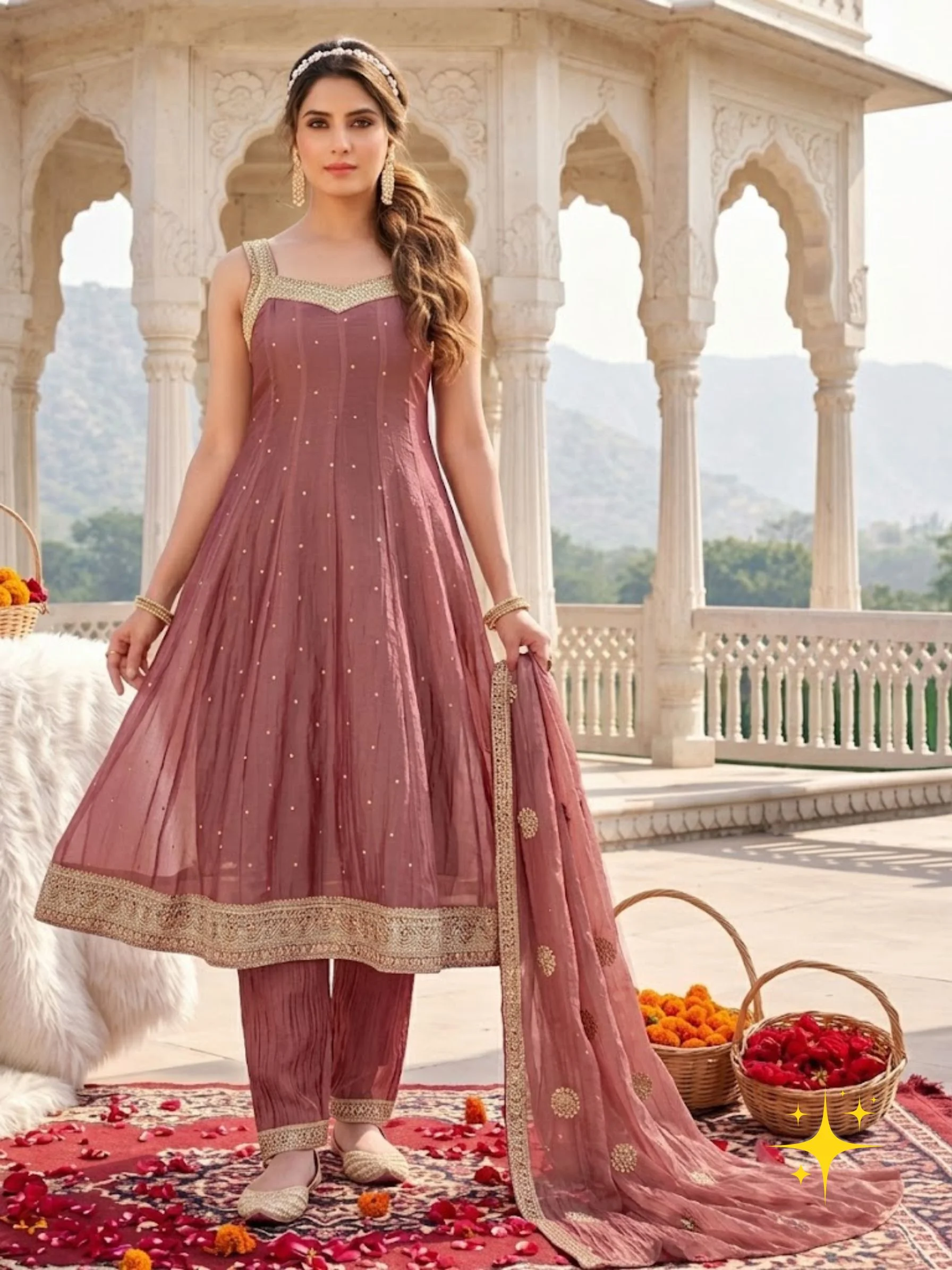 Anarkali Set – Sleeveless Anarkali with Gold Zari Embroidery | Mehendi Green, Yellow, Onion Mauve & Dusty Pink detail view 7
