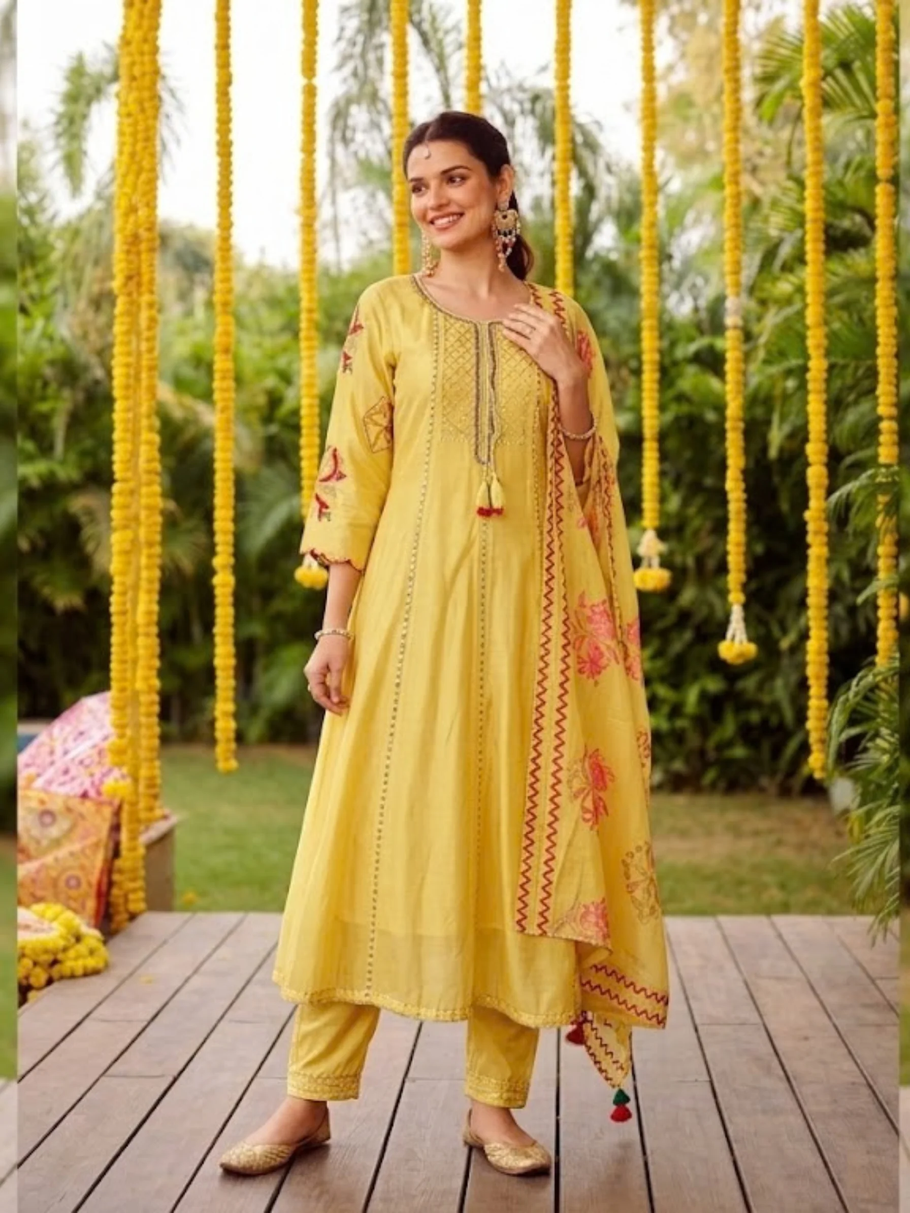 Anarkali Suit Set in Malchandri Cotton with Intricate Threadwork | White, Yellow & Pink detail view 4