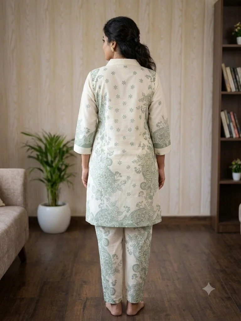 Dry Cotton Co-ord Set with Maroon Floral Print & Pearl Detail | Femmeera detail view 3