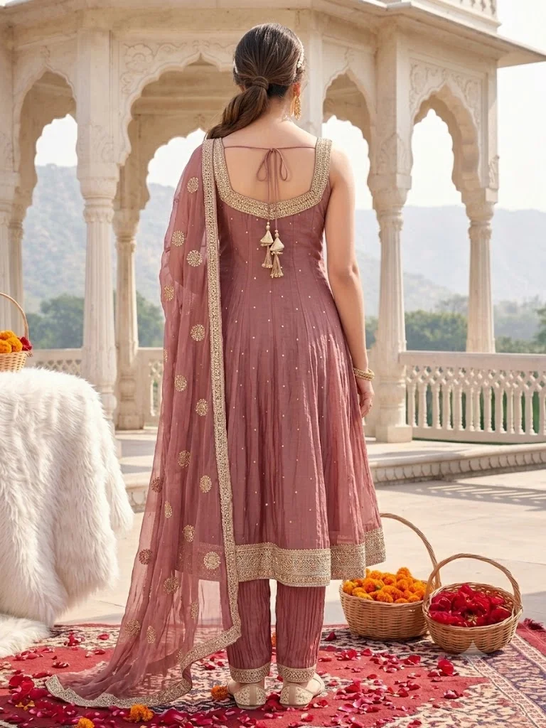 Anarkali Set – Sleeveless Anarkali with Gold Zari Embroidery | Mehendi Green, Yellow, Onion Mauve & Dusty Pink detail view 8
