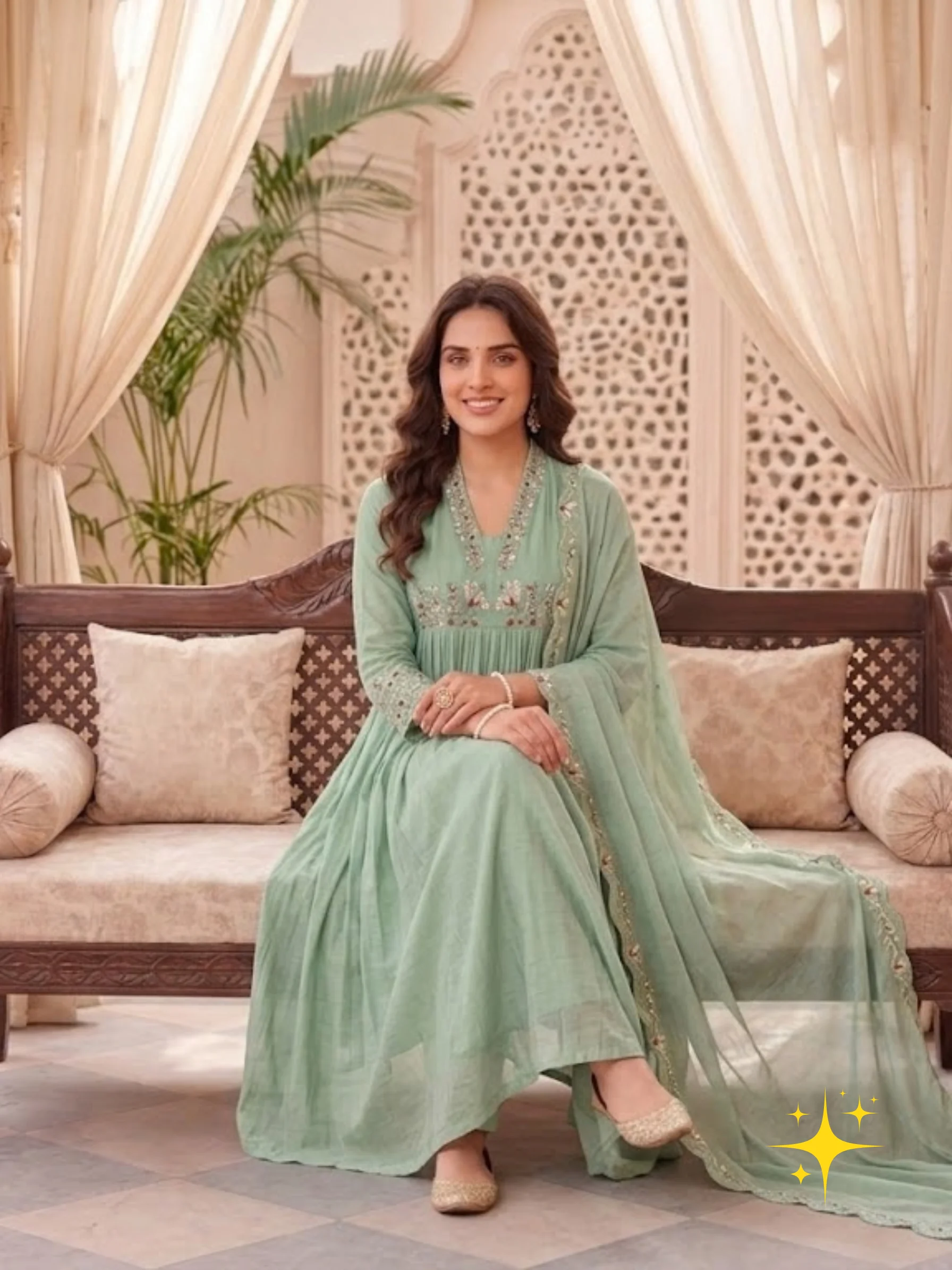 Anarkali Suit Set in Malchandri Cotton with Pleats & Floral Embroidery | Pink & Sage Green detail view 3
