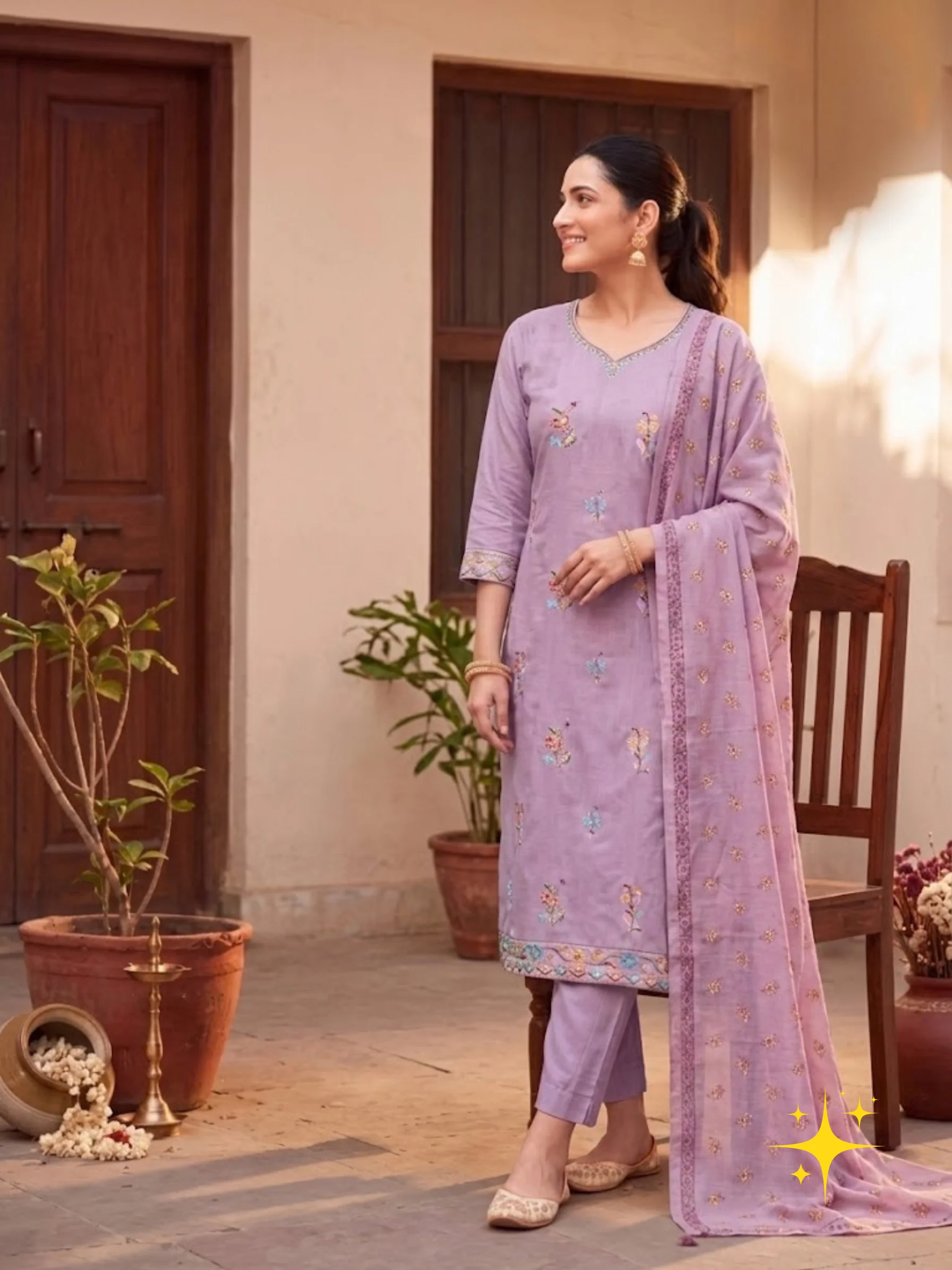 Side-Cut Kurti Set in Malchandri Cotton with Pastel Floral Print detail view 2