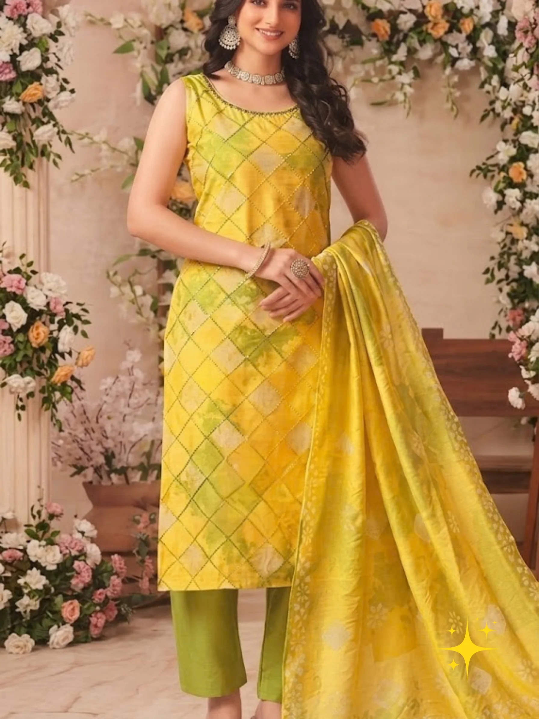 Side Sleeveless Kurti Set with Diamond Pattern & Printed Dupatta | Yellow & Green detail view 2