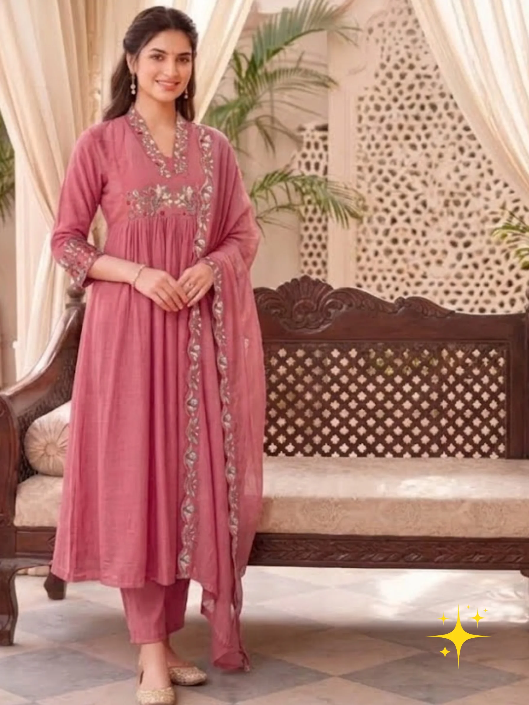 Anarkali Suit Set in Malchandri Cotton with Pleats & Floral Embroidery | Pink & Sage Green detail view 2