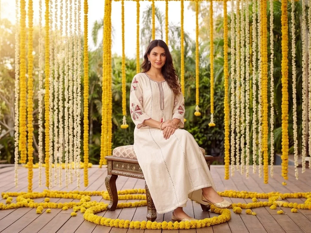 Anarkali Suit Set in Malchandri Cotton with Intricate Threadwork | White, Yellow & Pink detail view 6