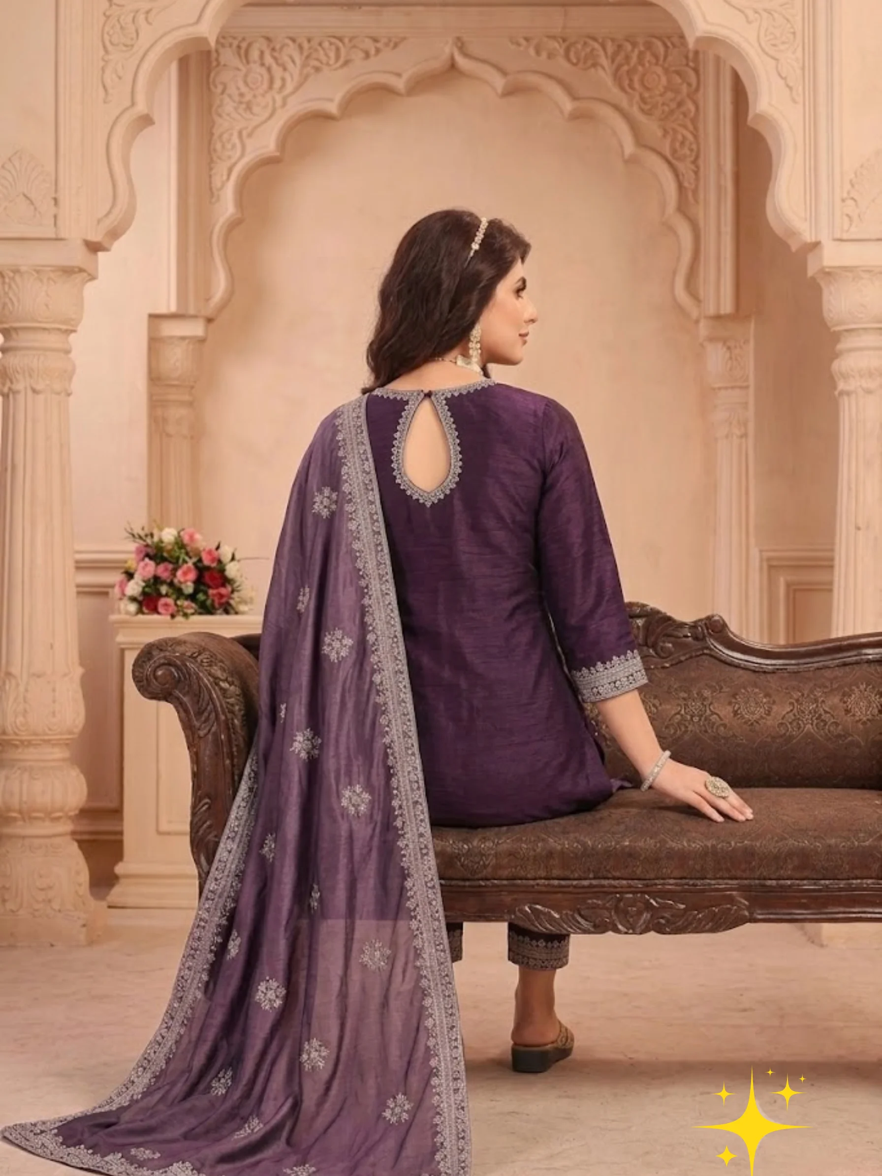 Anarkali Side-Cut Kurta Set in Raw Silk with Embroidered Dupatta | Femmeera detail view 2