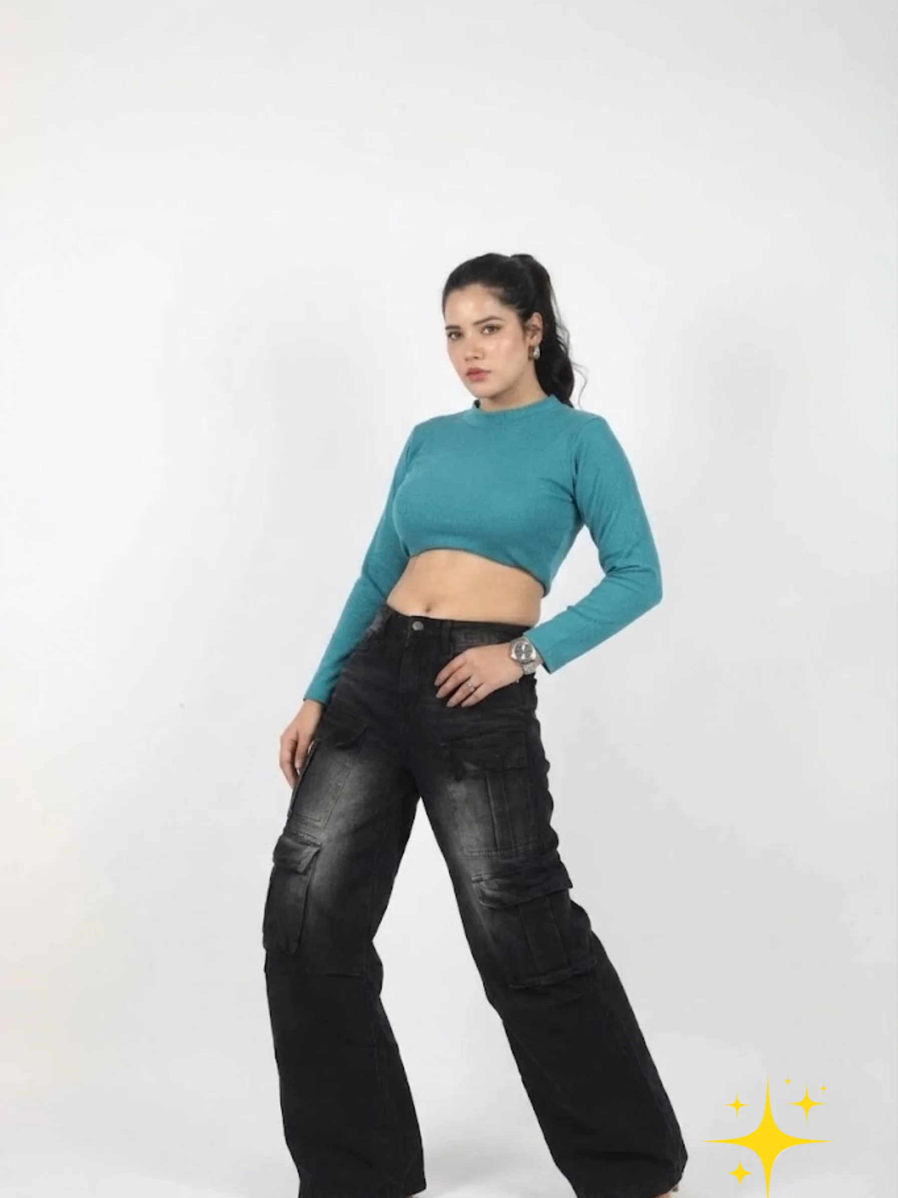 Wide-Leg Cargo Jeans with Multi-Pocket Design | Femmeera detail view 2