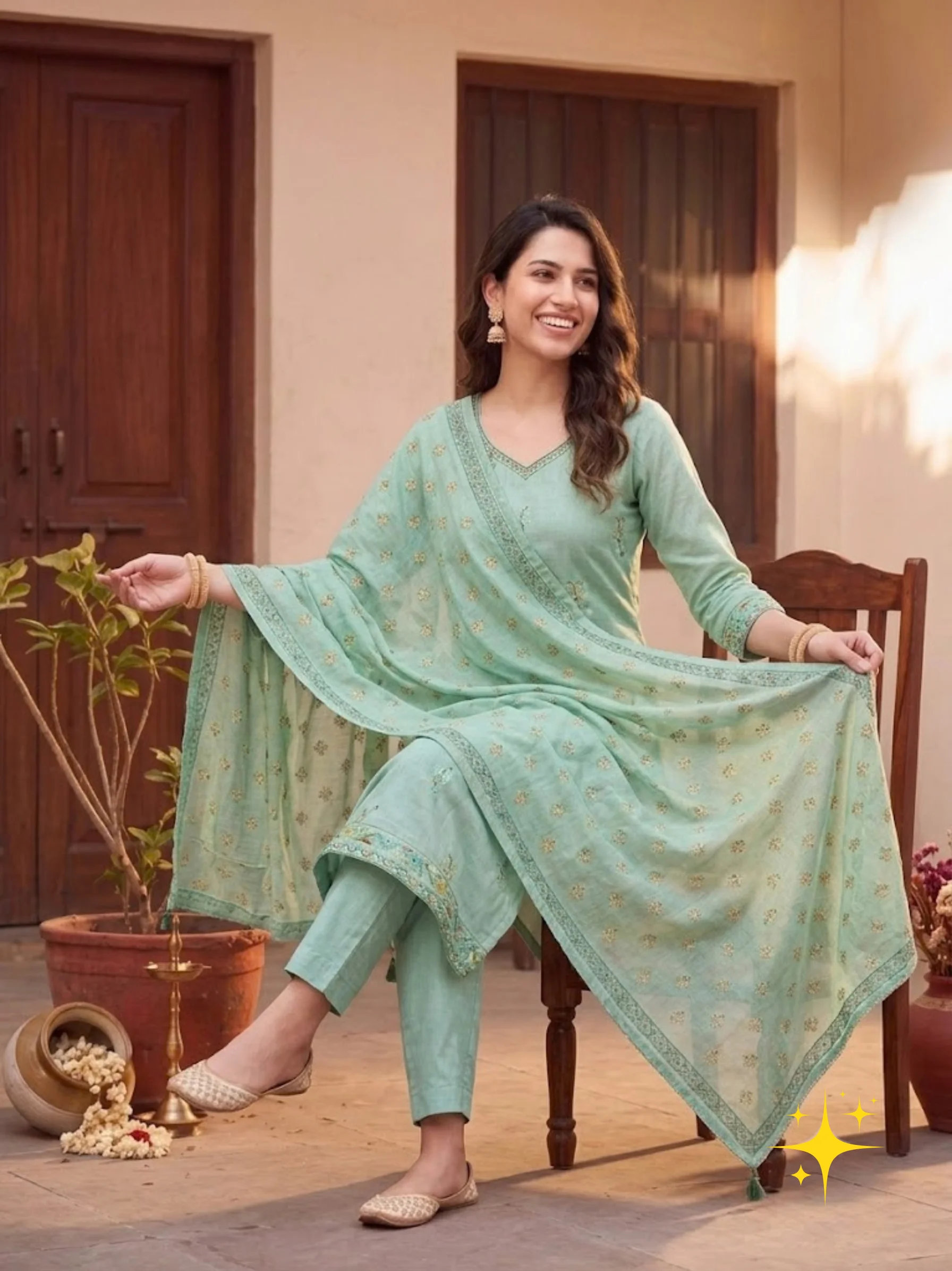 Side-Cut Kurti Set in Malchandri Cotton with Pastel Floral Print detail view 3
