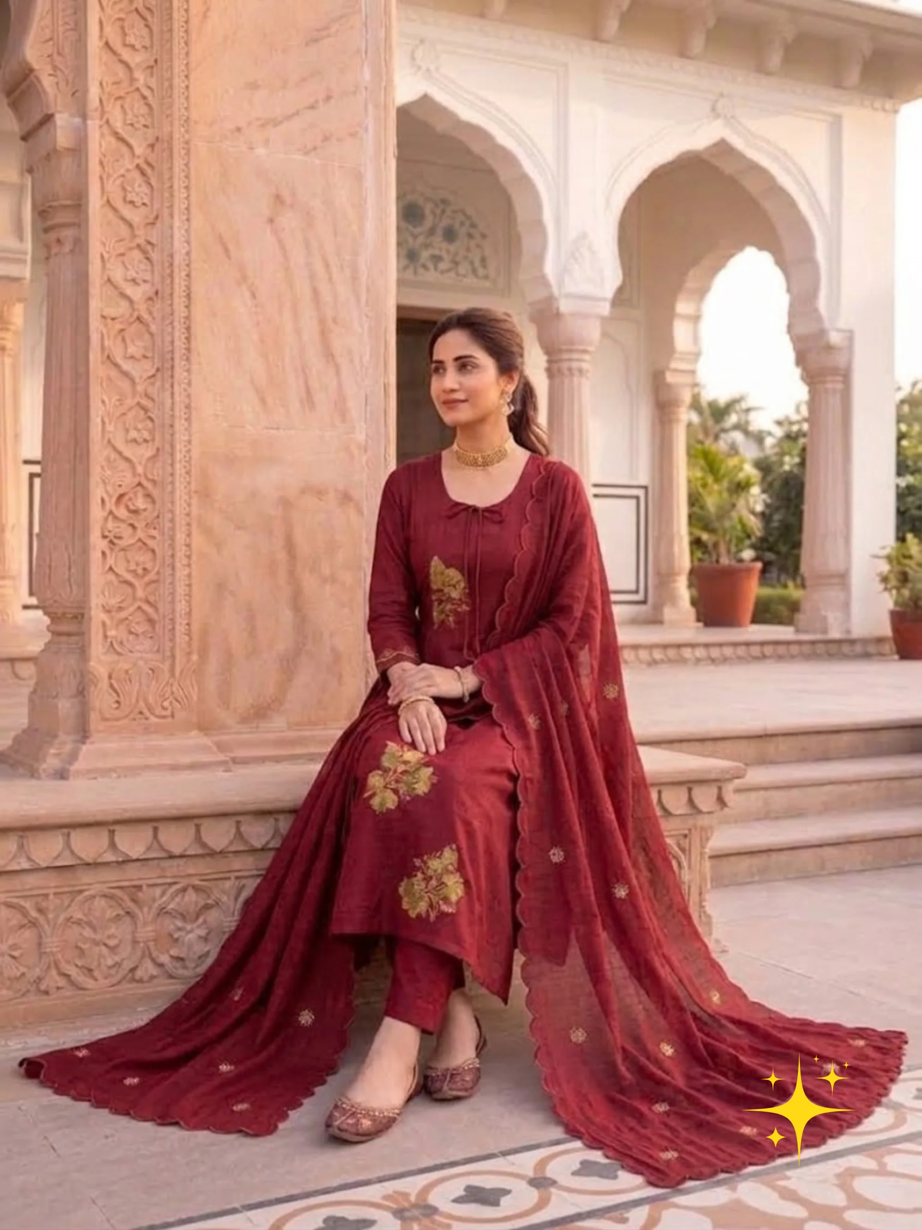 Anarkali Kurta Set in Malchandri Cotton with Floral Embroidery | Femmeera detail view 5