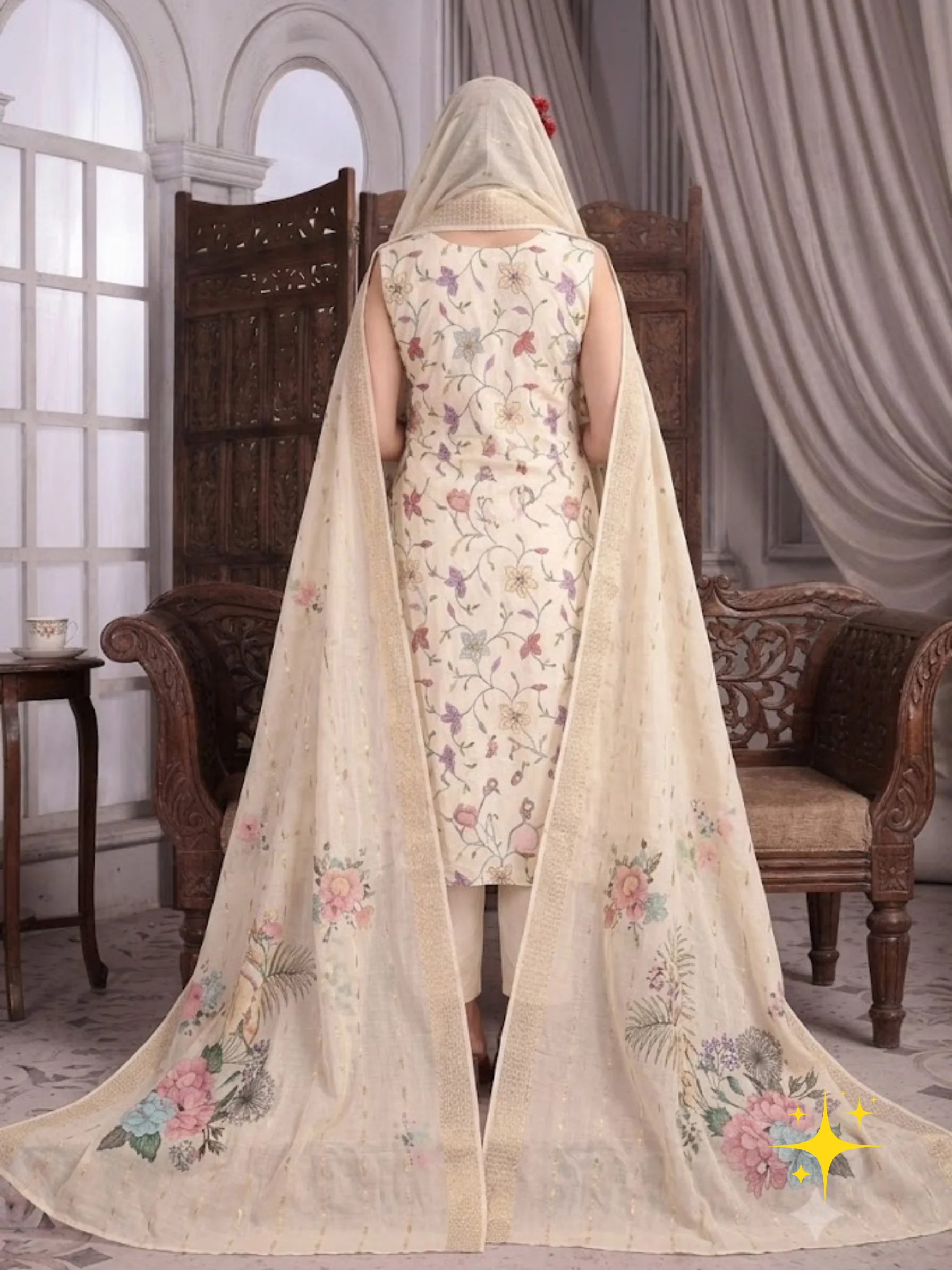 Side-Cut Kurti Set in Cotton with Colorful Floral Embroidery & Printed Dupatta | Femmeera detail view 2