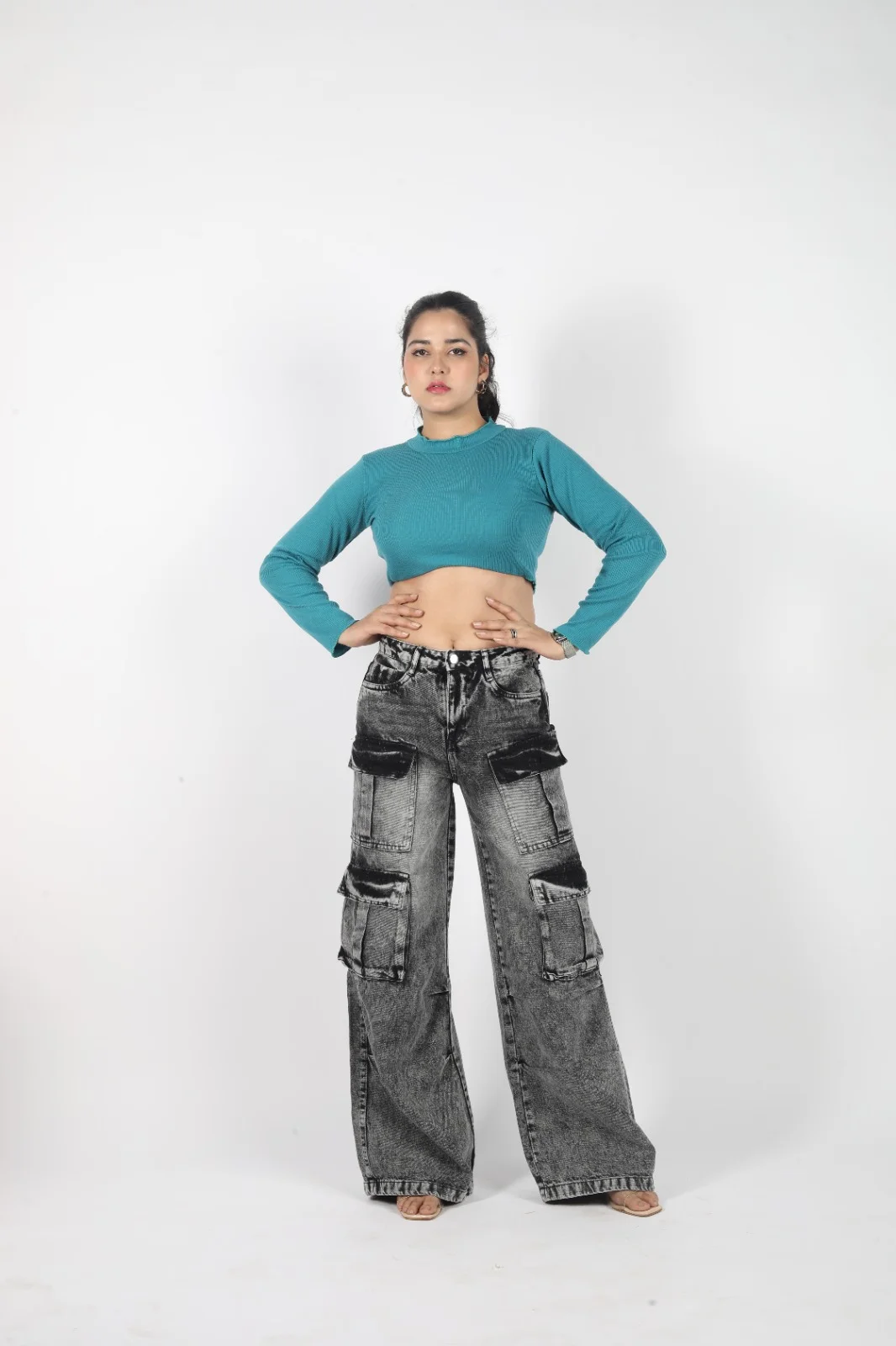 Wide-Leg Cargo Jeans with Multi-Pocket Design | Femmeera detail view 3