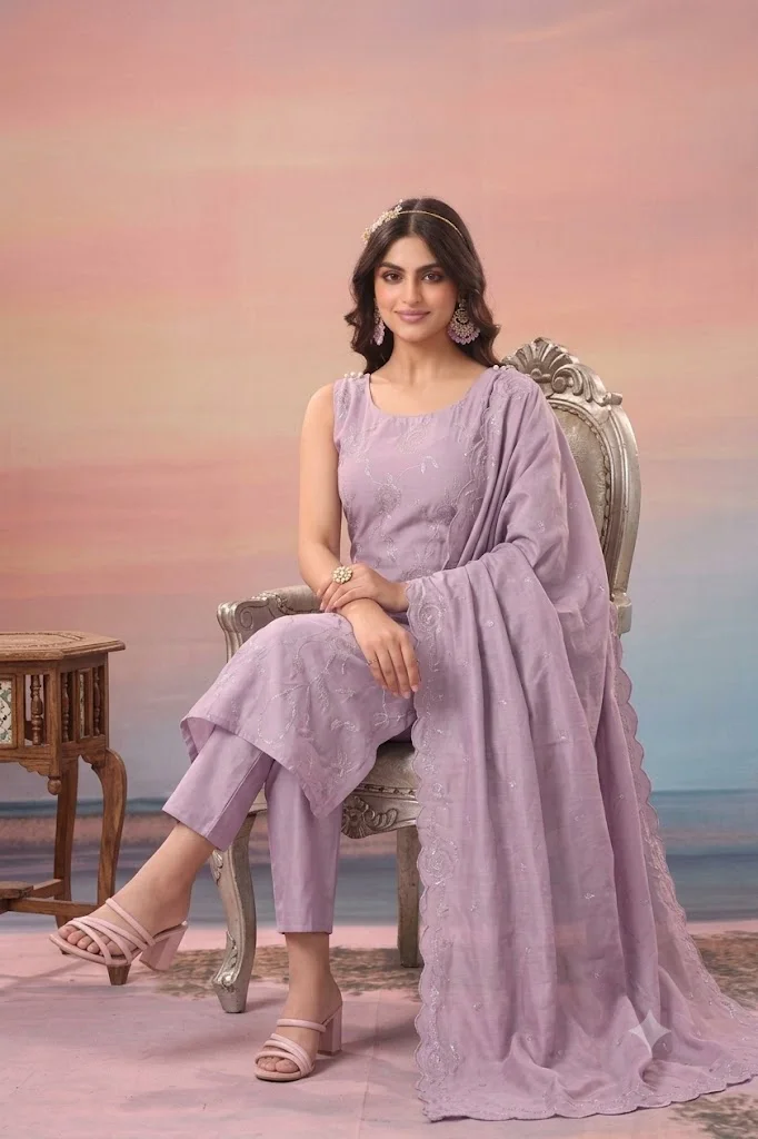 Sleeveless Side-Cut Kurti Set in Georgette with Scalloped Dupatta | Lavender