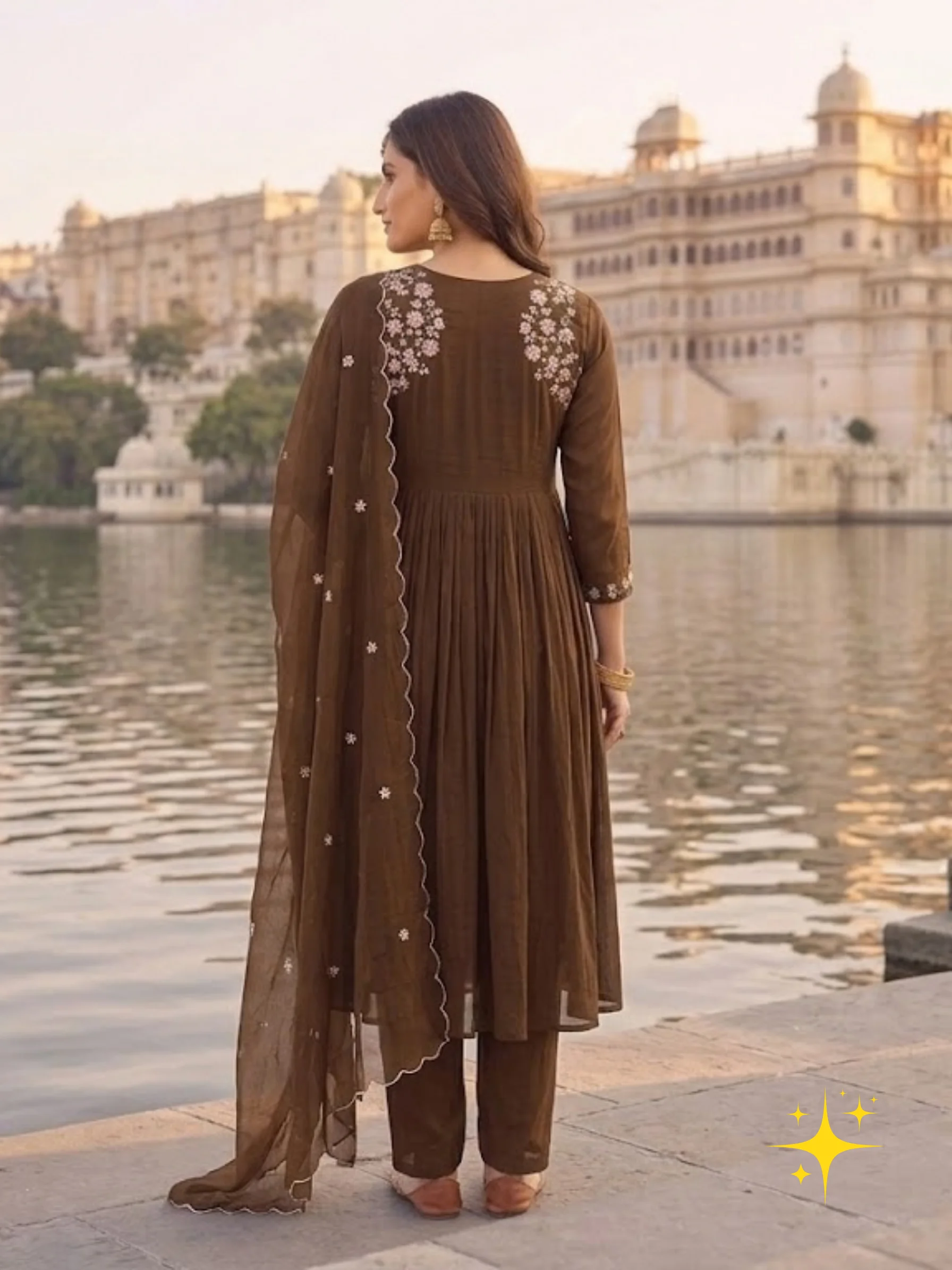 Anarkali Suit Set in Malchandri Cotton with Floral Embroidery | Femmeera detail view 2