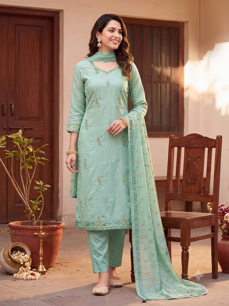 Side-Cut Kurti Set in Malchandri Cotton with Pastel Floral Print detail view 4