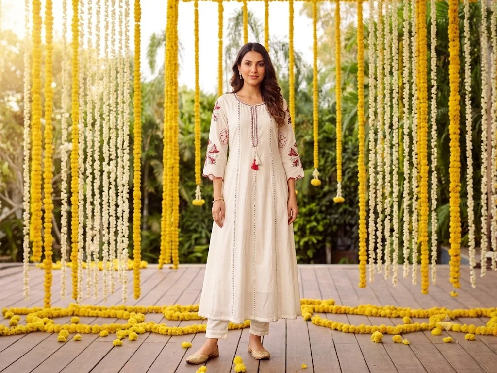 Anarkali Suit Set in Malchandri Cotton with Intricate Threadwork | White, Yellow & Pink detail view 5