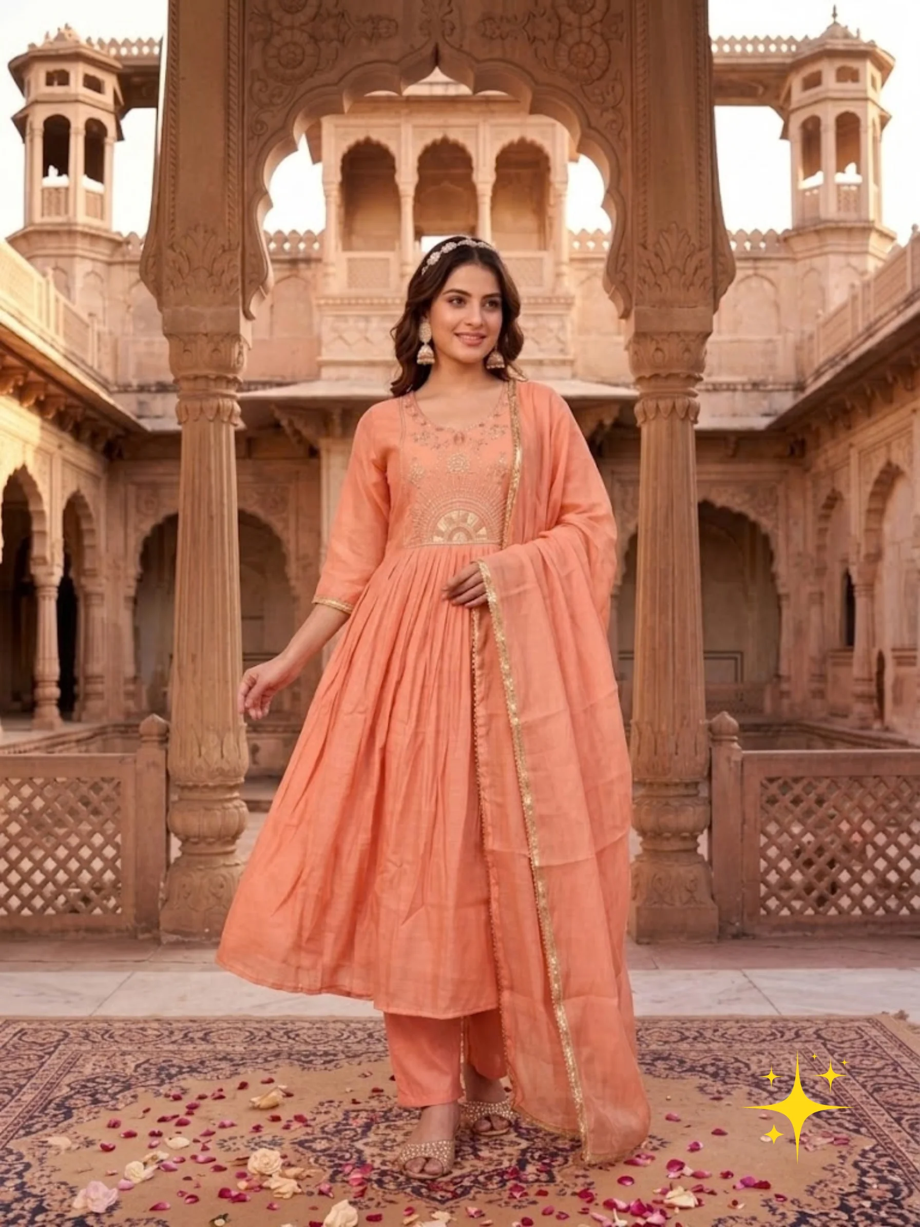 Anarkali Suit Set in Malchandri Cotton with Embroidered V-Neckline | Mint Green detail view 3