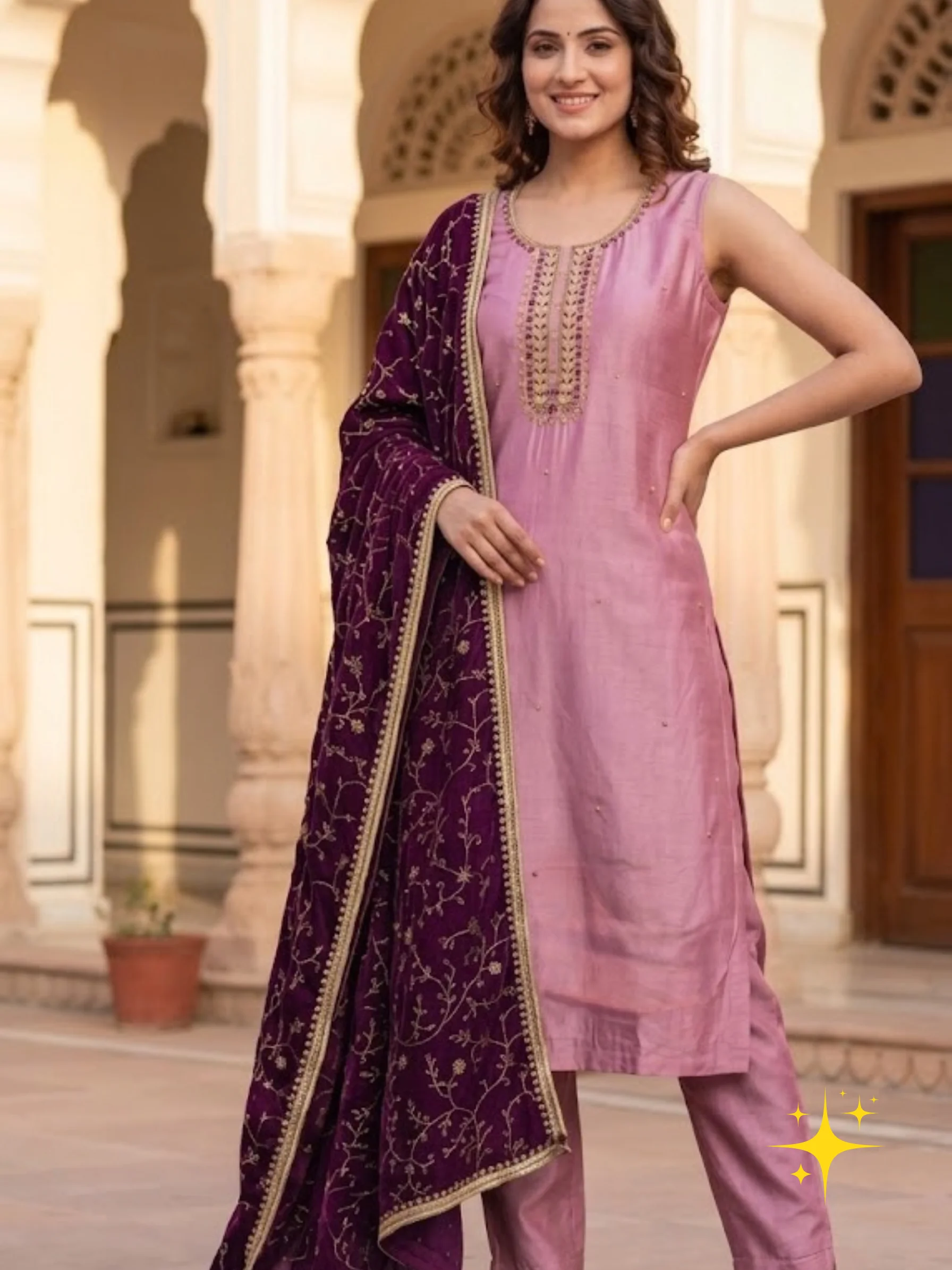 Side-Cut Sleeveless Kurti Set in Raw Silk with Embroidered Dupatta | Femmeera