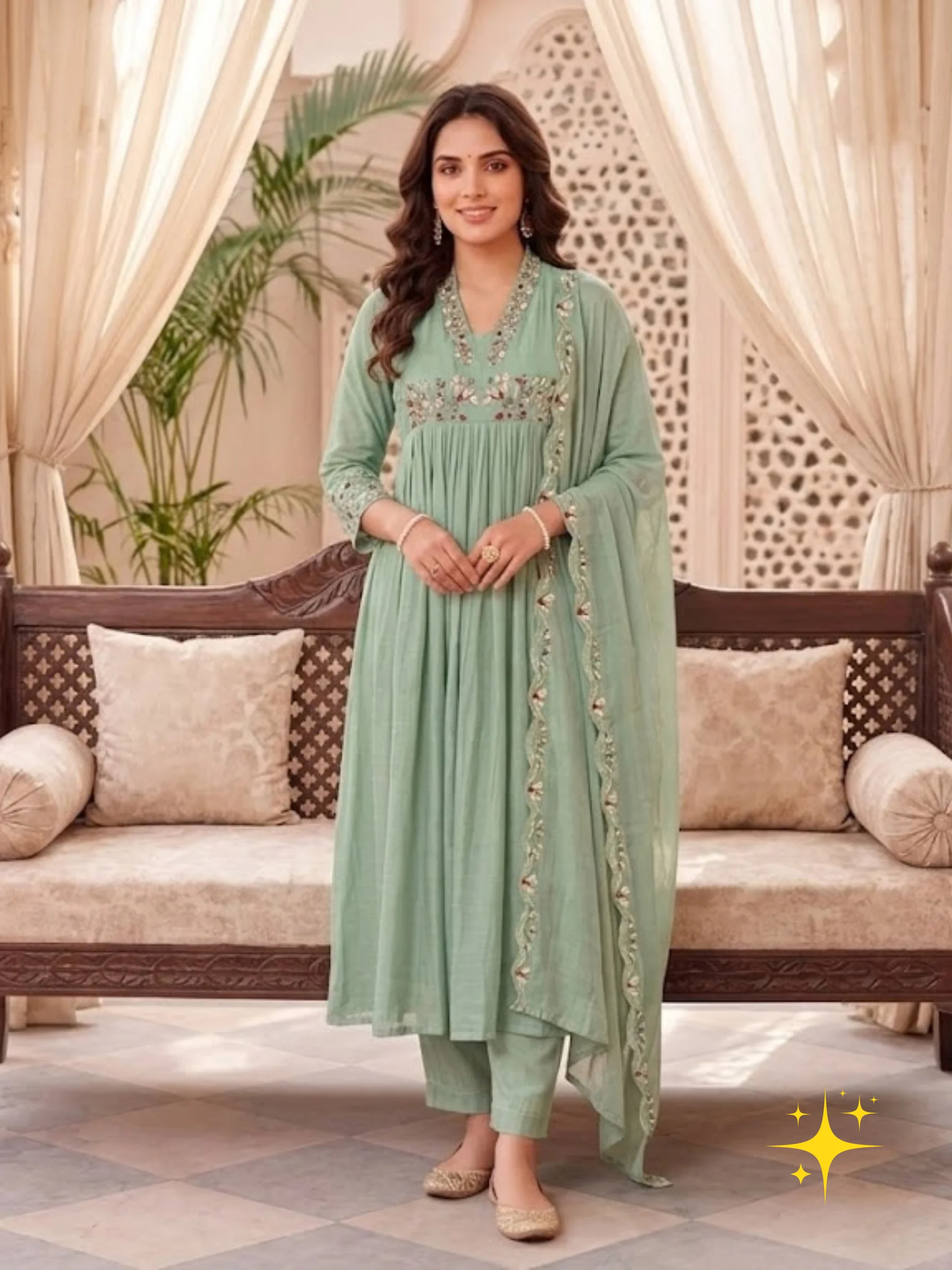 Anarkali Suit Set in Malchandri Cotton with Pleats & Floral Embroidery | Pink & Sage Green detail view 4