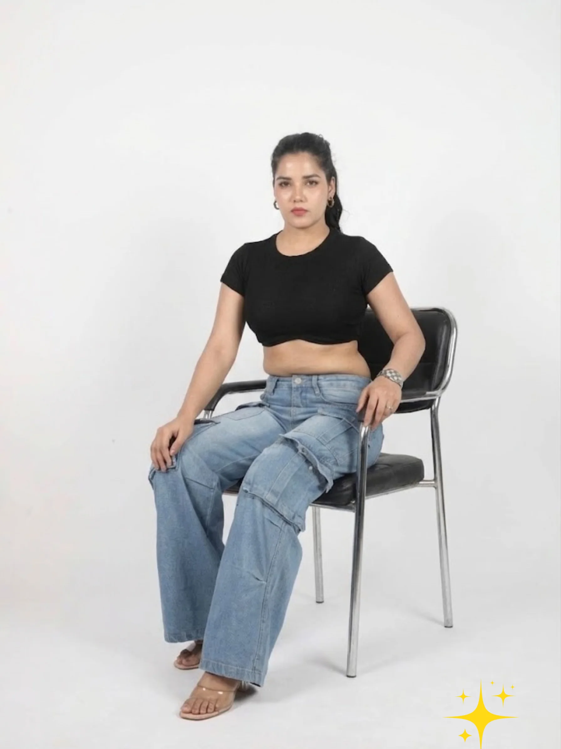 Wide-Leg Utility Cargo Jeans in 100% Cotton Denim | Light-Medium Wash