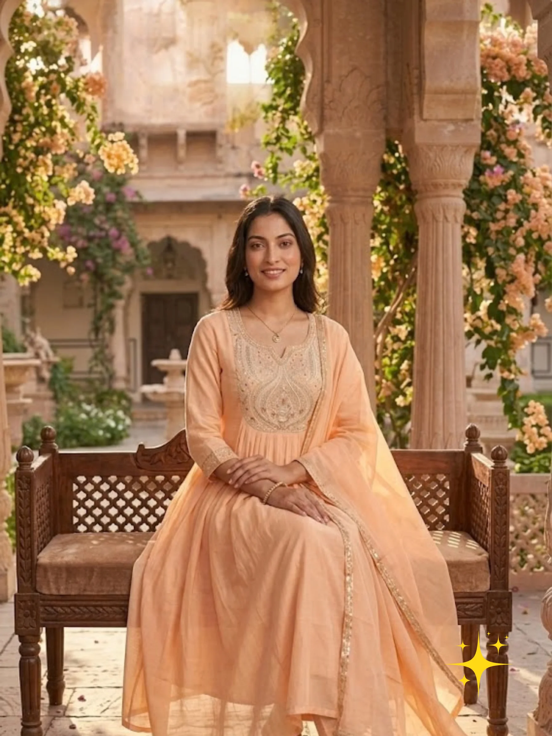 Anarkali Suit Set in Malchandri Cotton with Hand Embroidered Floral Motifs | Femmeera detail view 2