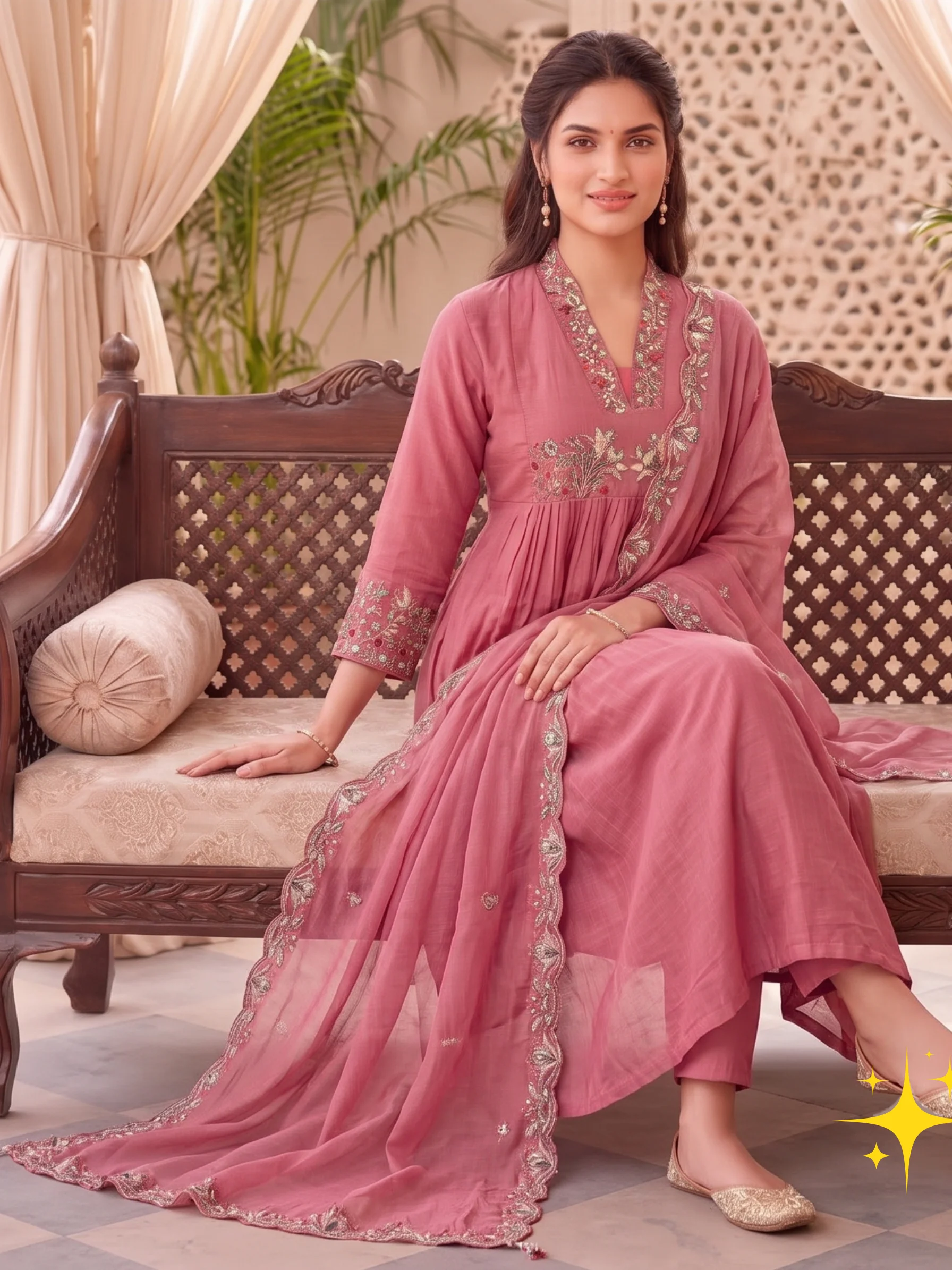 Anarkali Suit Set in Malchandri Cotton with Pleats & Floral Embroidery | Pink & Sage Green