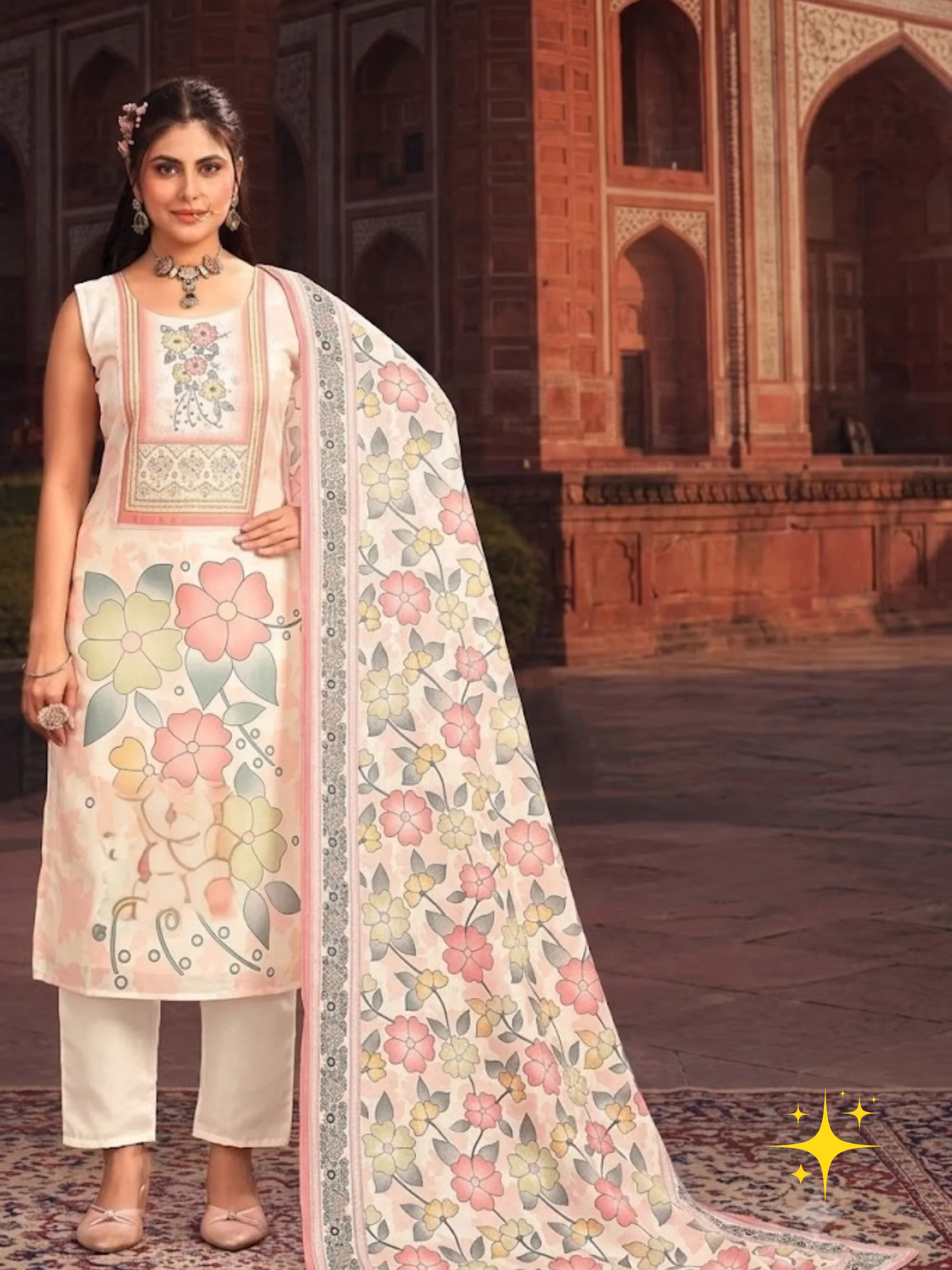 Sleeveless Side-Cut Kurti Set in Cotton with Pastel Floral Print | Femmeera