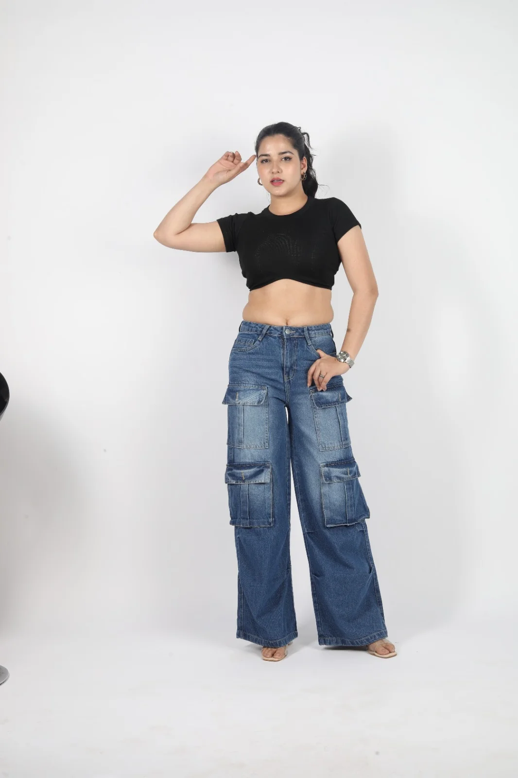 Wide-Leg Utility Cargo Jeans in 100% Cotton Denim | Light-Medium Wash detail view 2