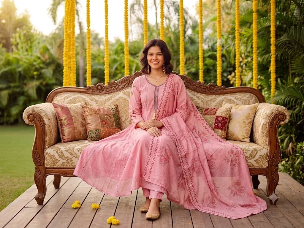 Anarkali Suit Set in Malchandri Cotton with Intricate Threadwork | White, Yellow & Pink detail view 2