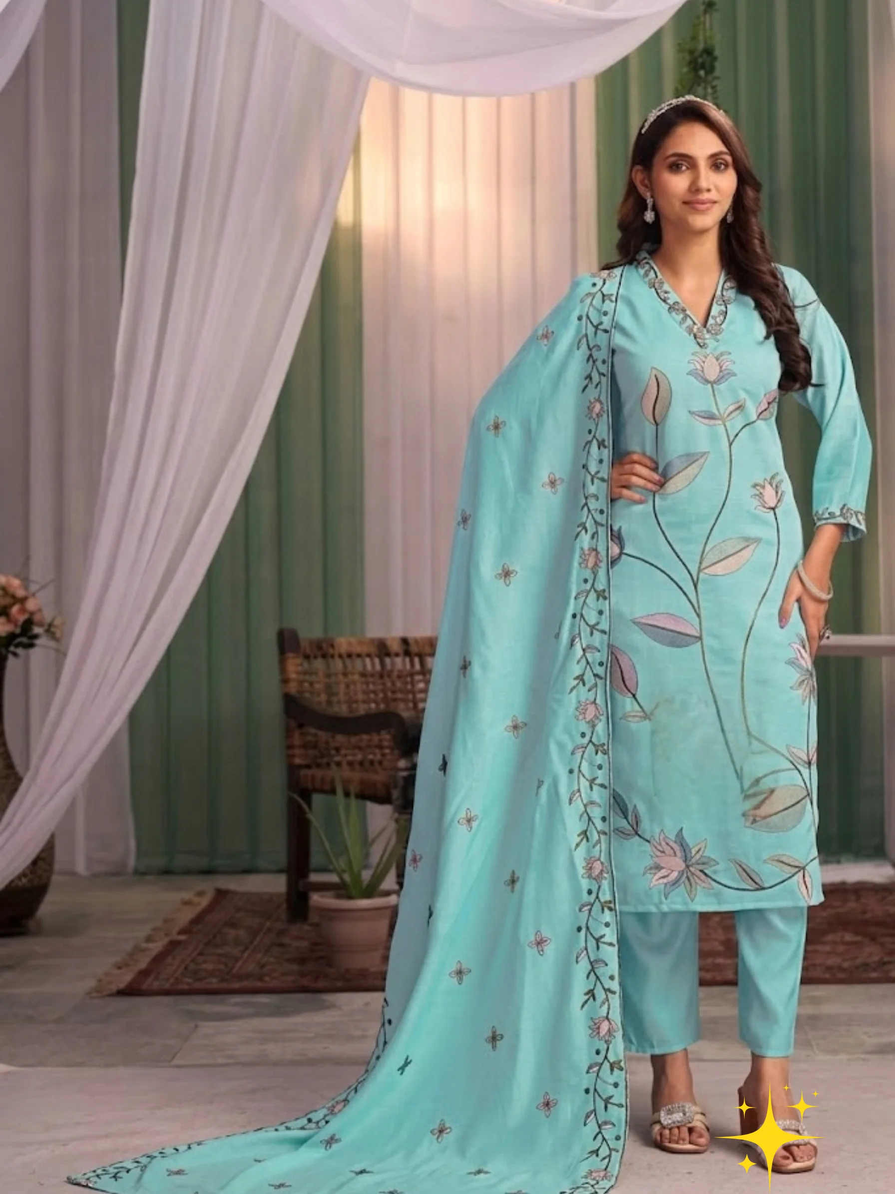 Side-Cut Kurti Set in Cotton with Floral Embroidery & V-Neck | Mint Green