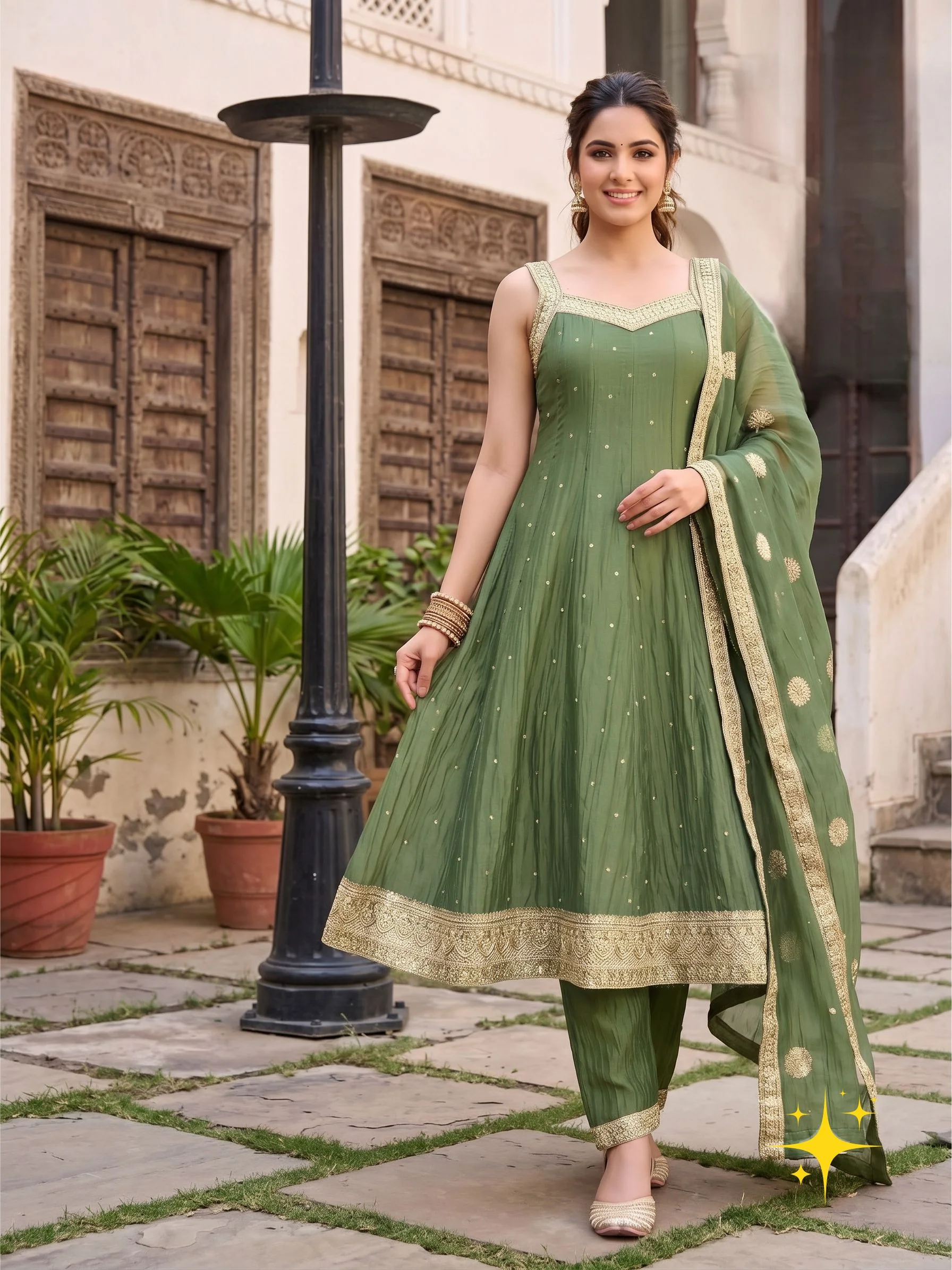 Anarkali Set – Sleeveless Anarkali with Gold Zari Embroidery | Mehendi Green, Yellow, Onion Mauve & Dusty Pink detail view 3