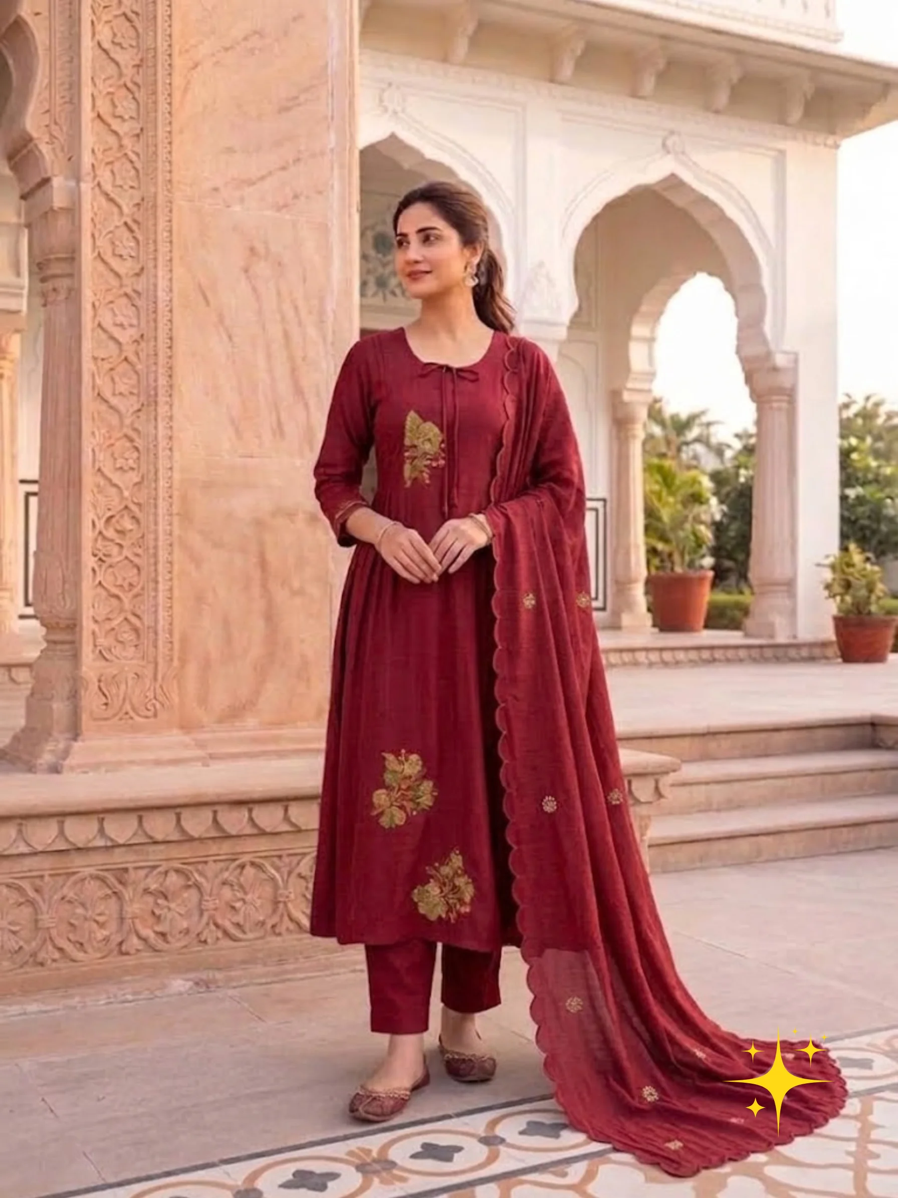Anarkali Kurta Set in Malchandri Cotton with Floral Embroidery | Femmeera detail view 3