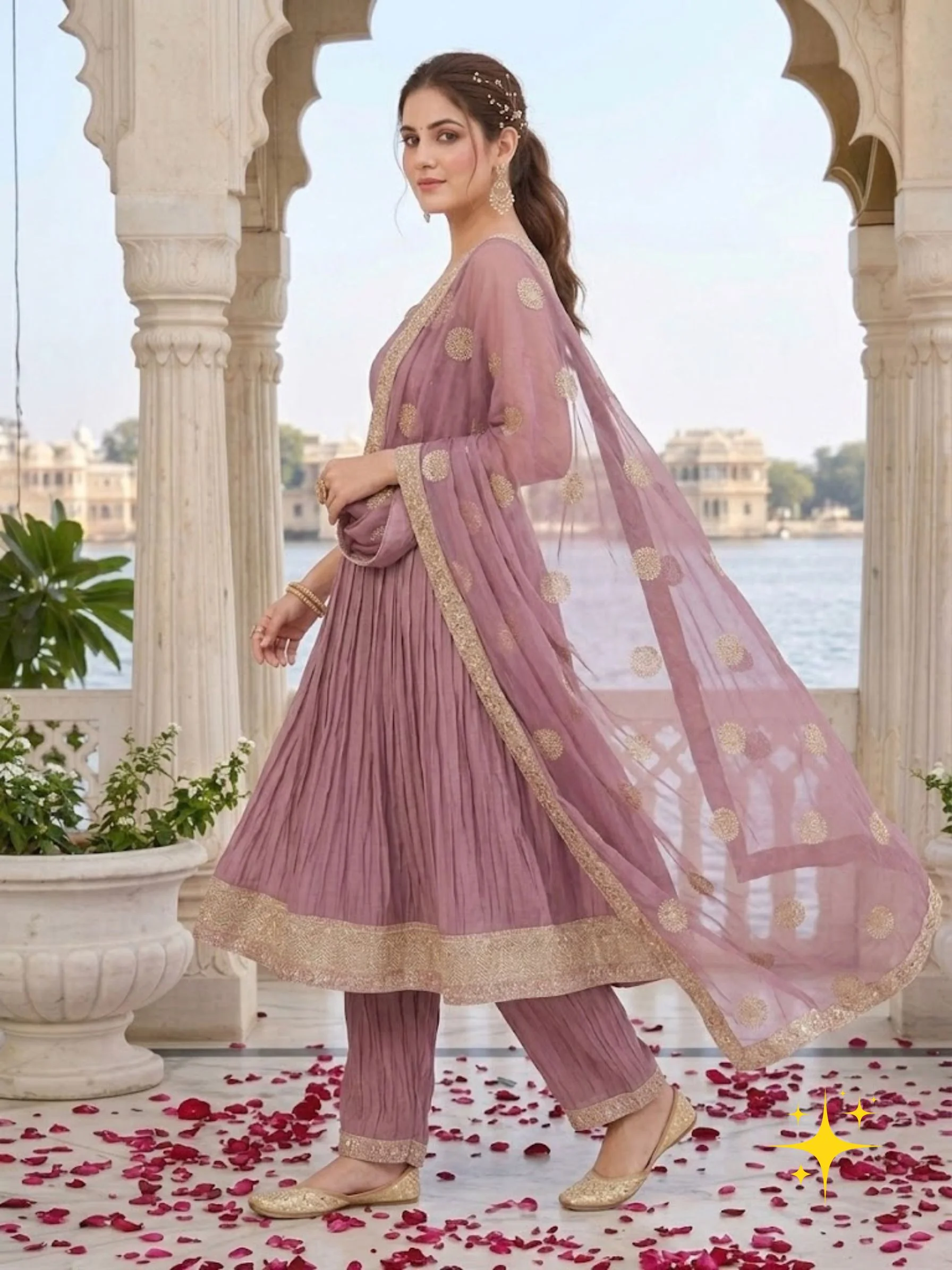 Anarkali Set – Sleeveless Anarkali with Gold Zari Embroidery | Mehendi Green, Yellow, Onion Mauve & Dusty Pink detail view 5