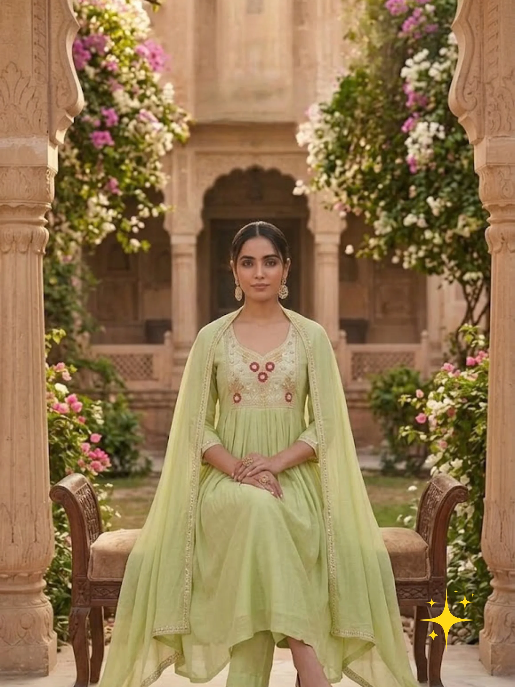 Anarkali Kurta Set in Malchandri Cotton with Gold Zari & Pink Floral Embroidery | Femmeera detail view 2