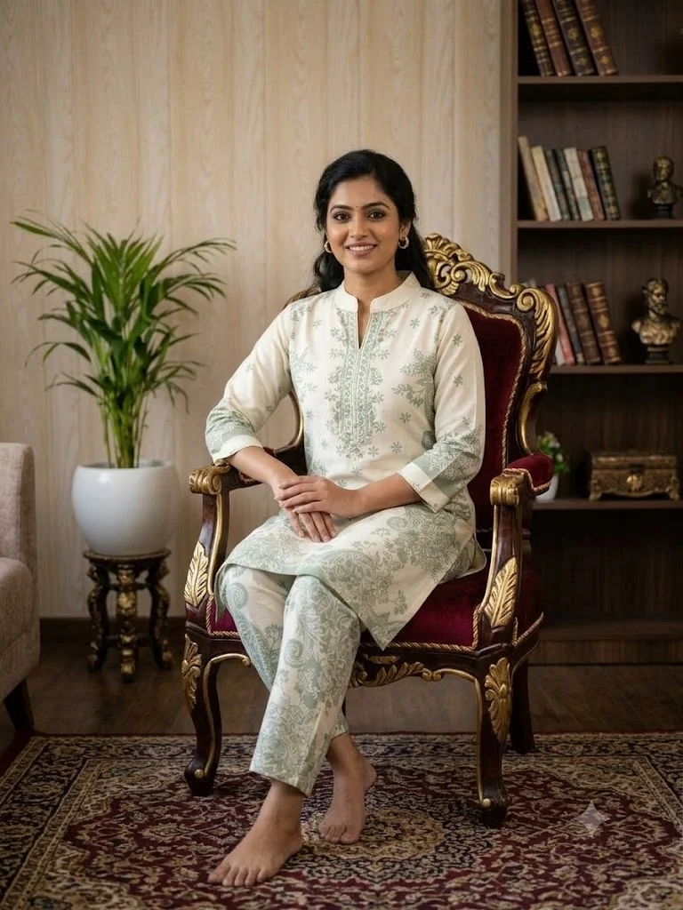 Dry Cotton Co-ord Set with Maroon Floral Print & Pearl Detail | Femmeera detail view 2