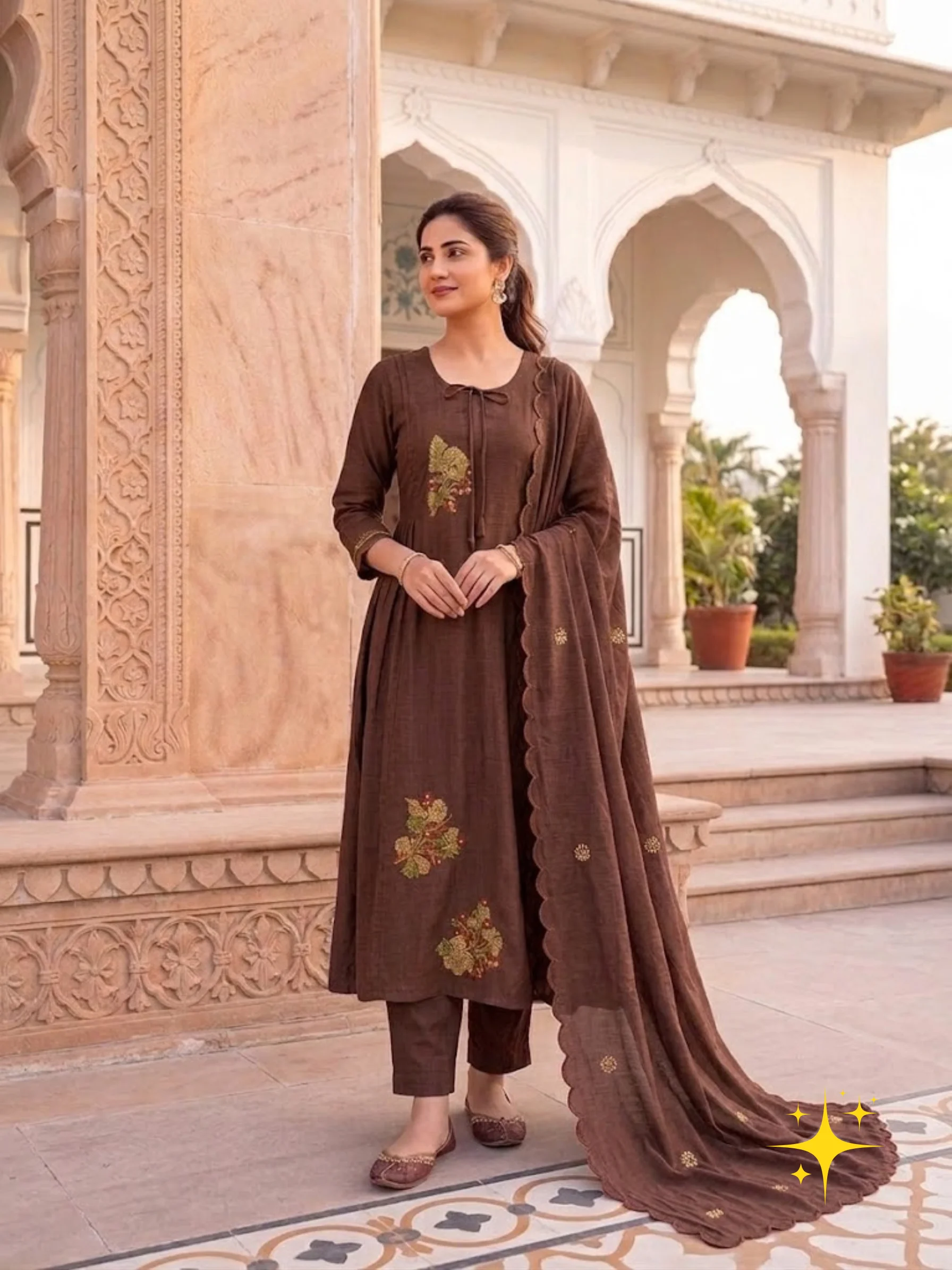 Anarkali Kurta Set in Malchandri Cotton with Floral Embroidery | Femmeera detail view 4