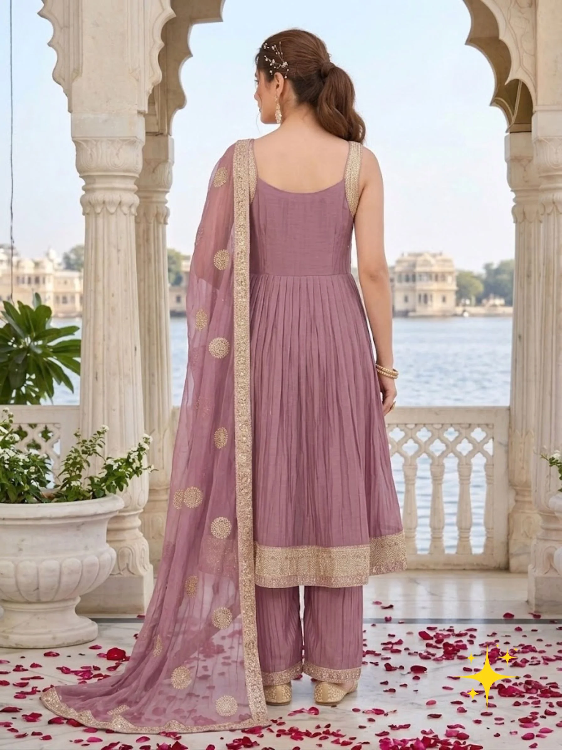 Anarkali Set – Sleeveless Anarkali with Gold Zari Embroidery | Mehendi Green, Yellow, Onion Mauve & Dusty Pink detail view 6