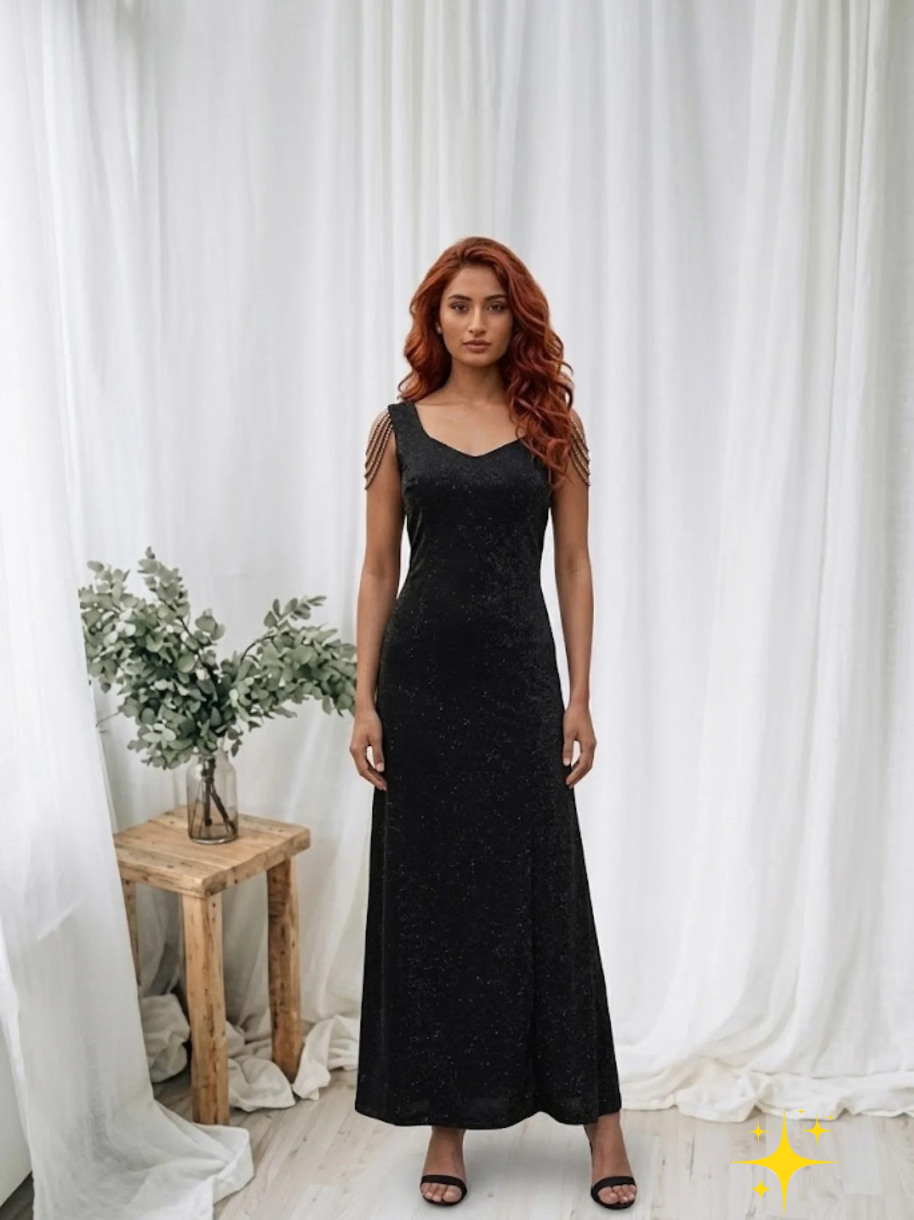 Sleeveless Bodycon Gown in Shimmer Fabric with Silver Shoulder Drape detail view 2