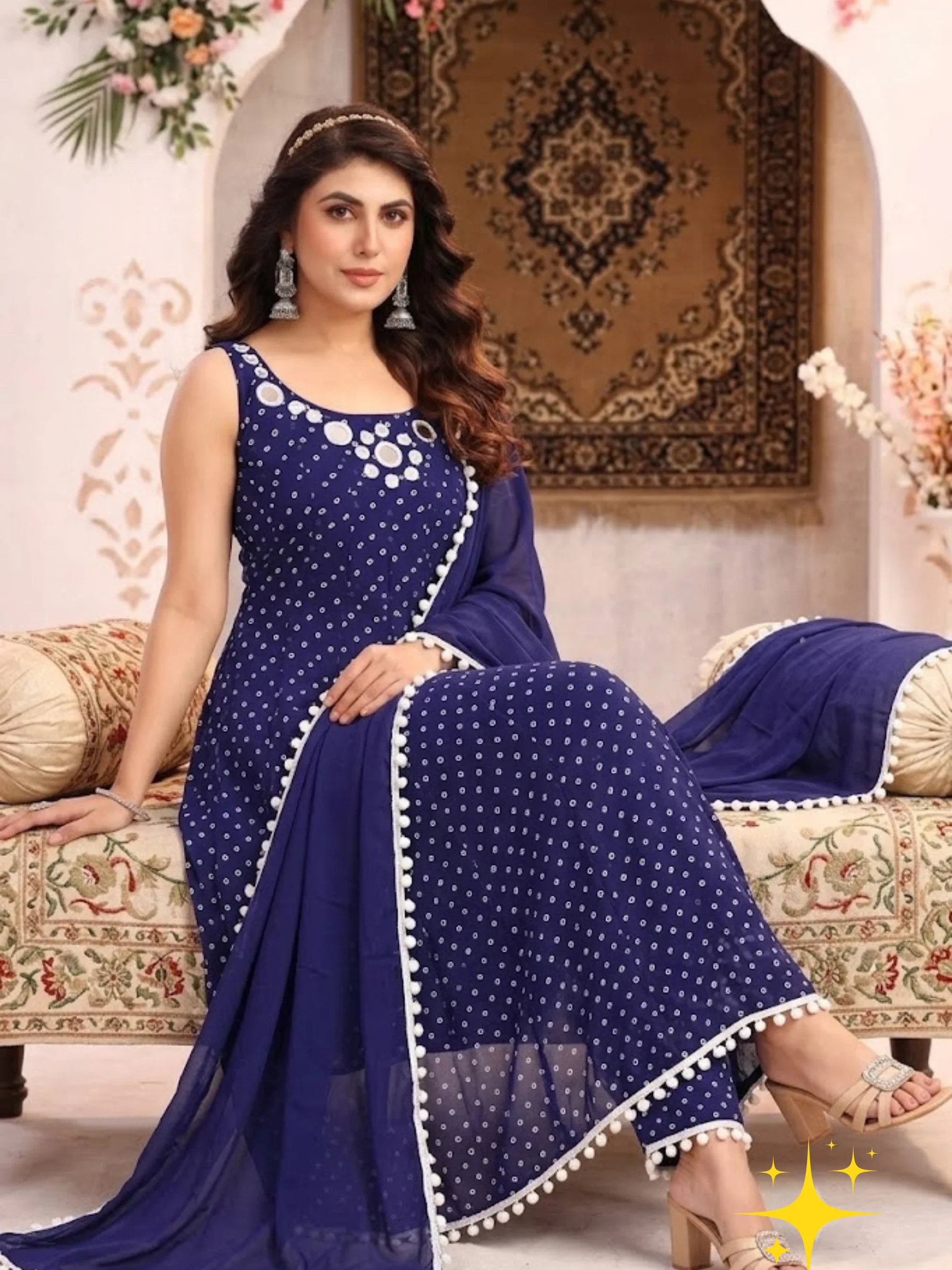Sleeveless Anarkali Kurta Set in Georgette with Bandhani Print & Mirror Work | Femmeera detail view 2