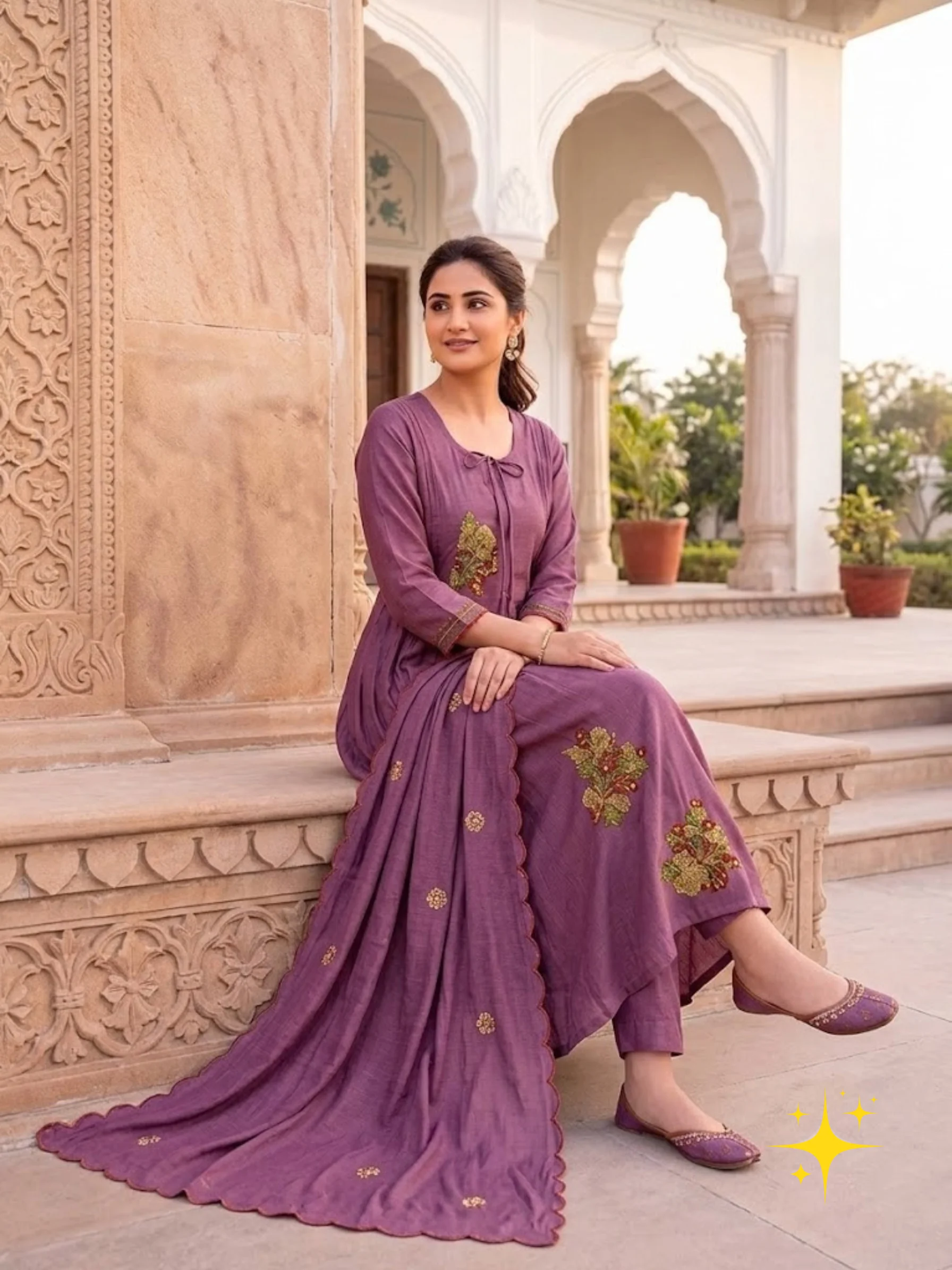 Anarkali Kurta Set in Malchandri Cotton with Floral Embroidery | Femmeera detail view 2