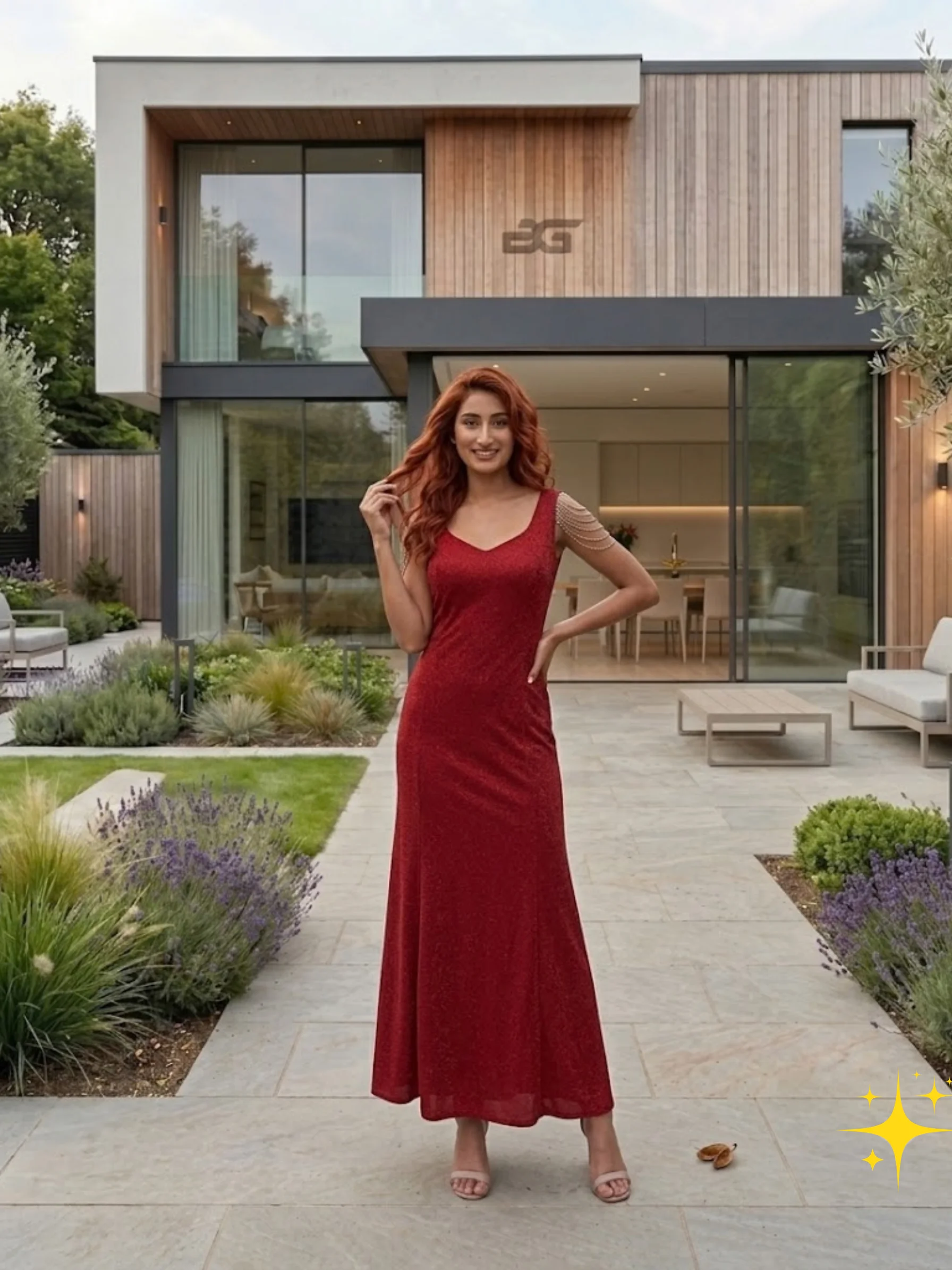 Sleeveless Bodycon Gown in Shimmer Fabric with Silver Shoulder Drape