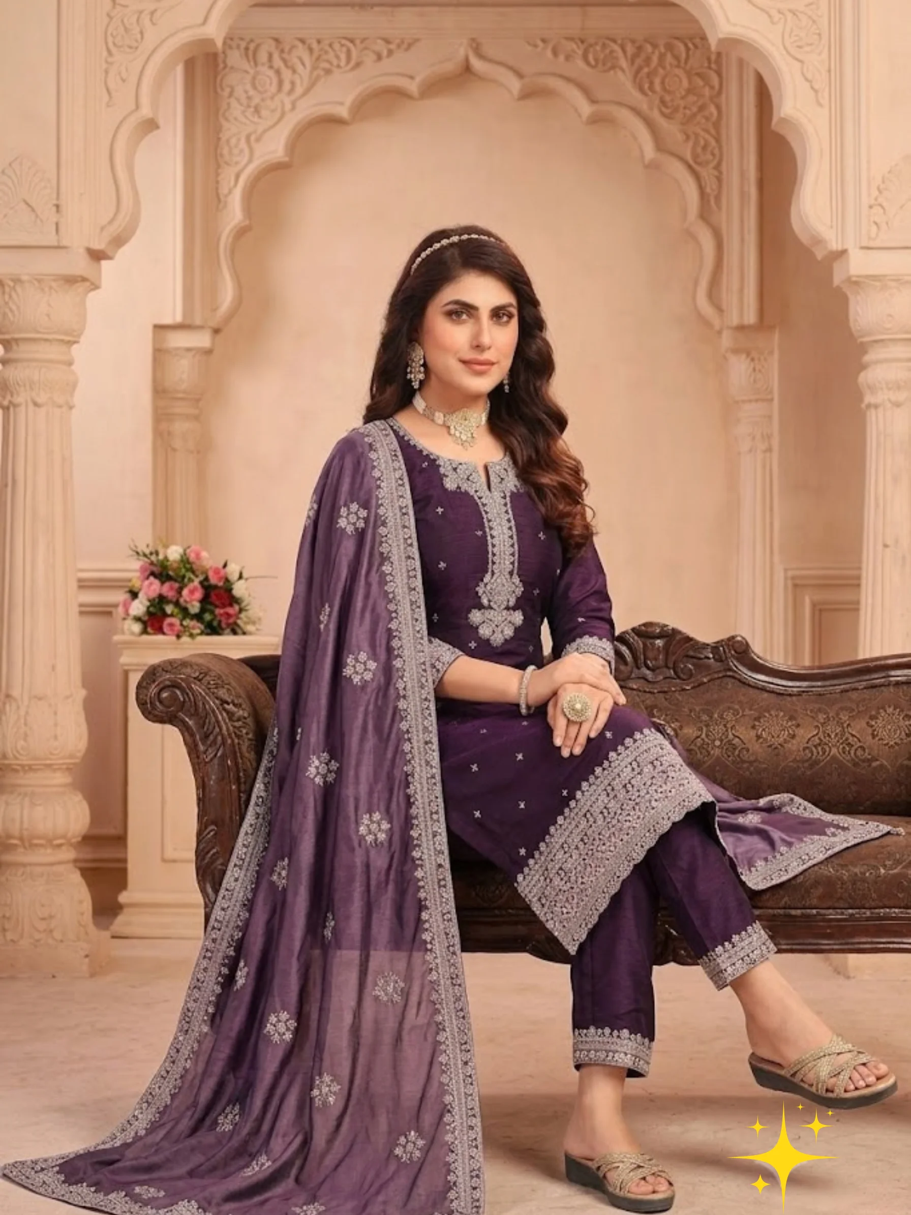 Anarkali Side-Cut Kurta Set in Raw Silk with Embroidered Dupatta | Femmeera